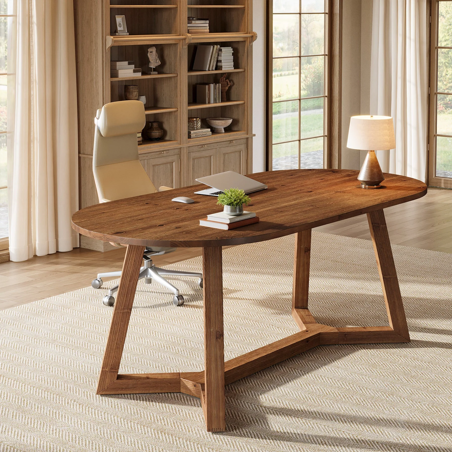 63" Solid Wood Office Desk, Oval Executive Desk with Tapered Legs - Image 5