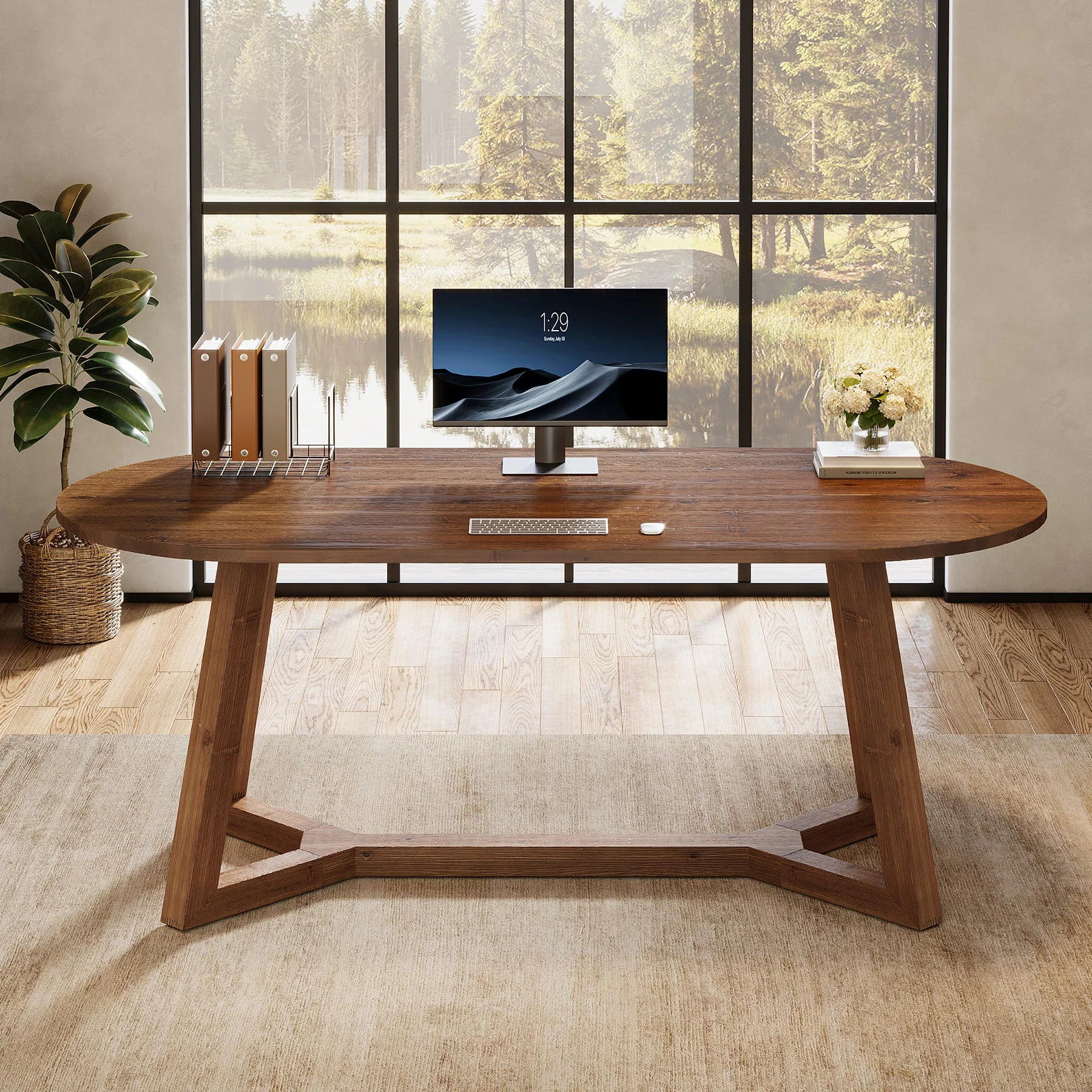 63" Solid Wood Office Desk, Oval Executive Desk with Tapered Legs - Image 6