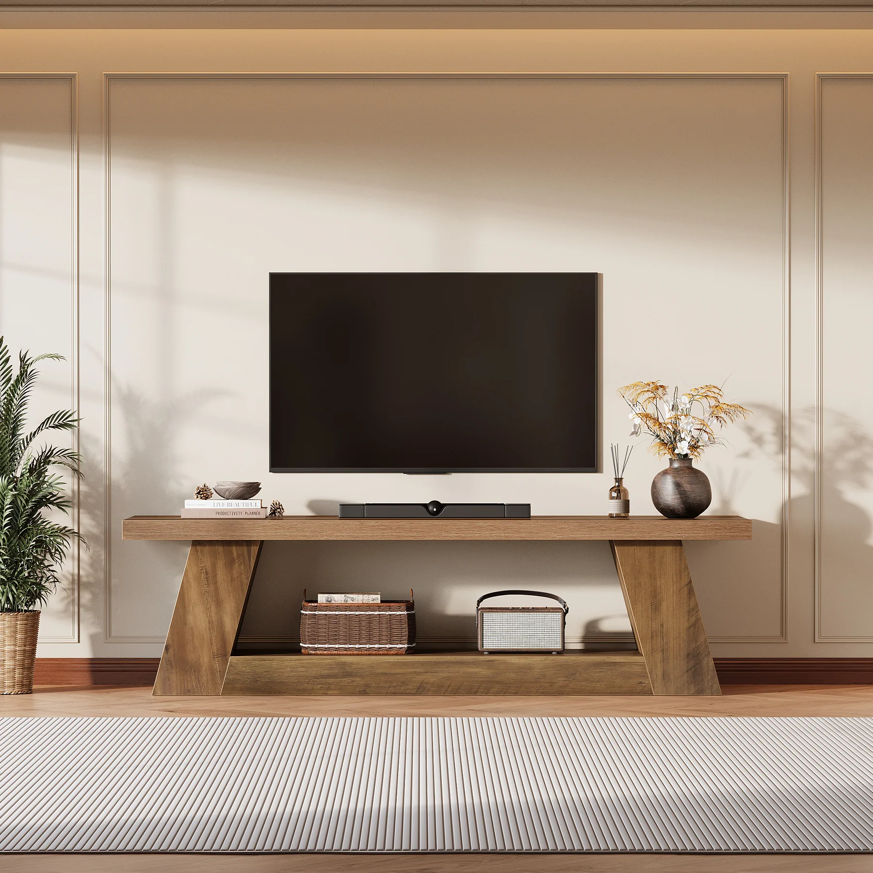 63" TV Stand for 55–75 Inch TVs with Storage Shelf, Rustic Media Console for Living Room Bedroom - Image 5