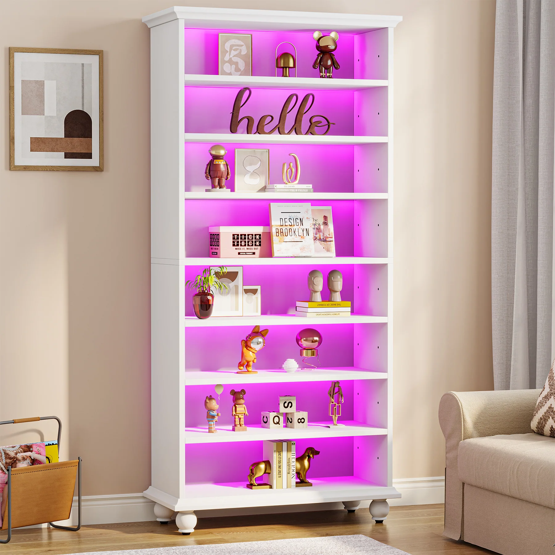 Tribesigns 69-Inch White Bookcase with LED Lighting and Solid Wood Legs, 9-Tier Open Bookshelf for Living Room and Home Office - Image 4