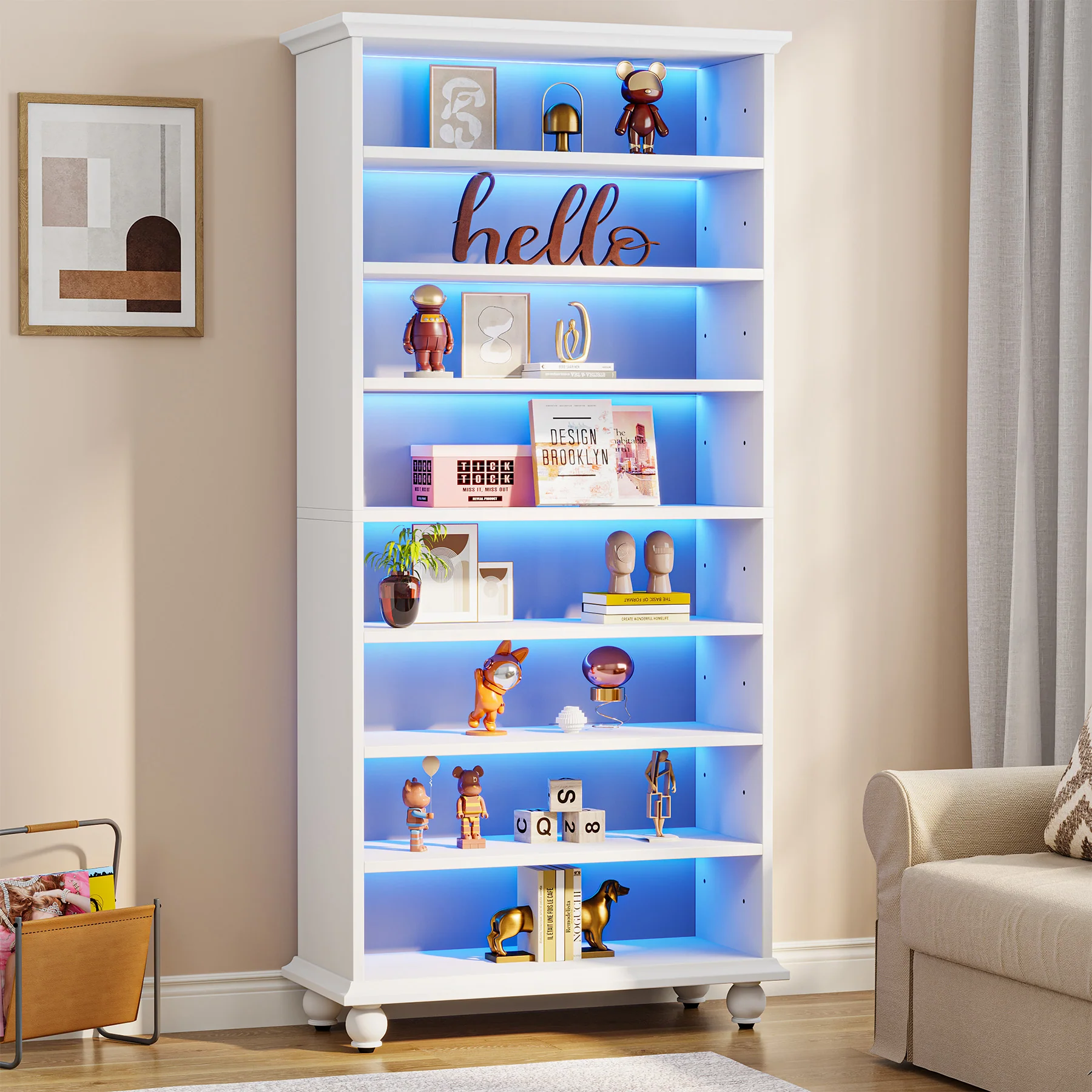 Tribesigns 69-Inch White Bookcase with LED Lighting and Solid Wood Legs, 9-Tier Open Bookshelf for Living Room and Home Office - Image 5