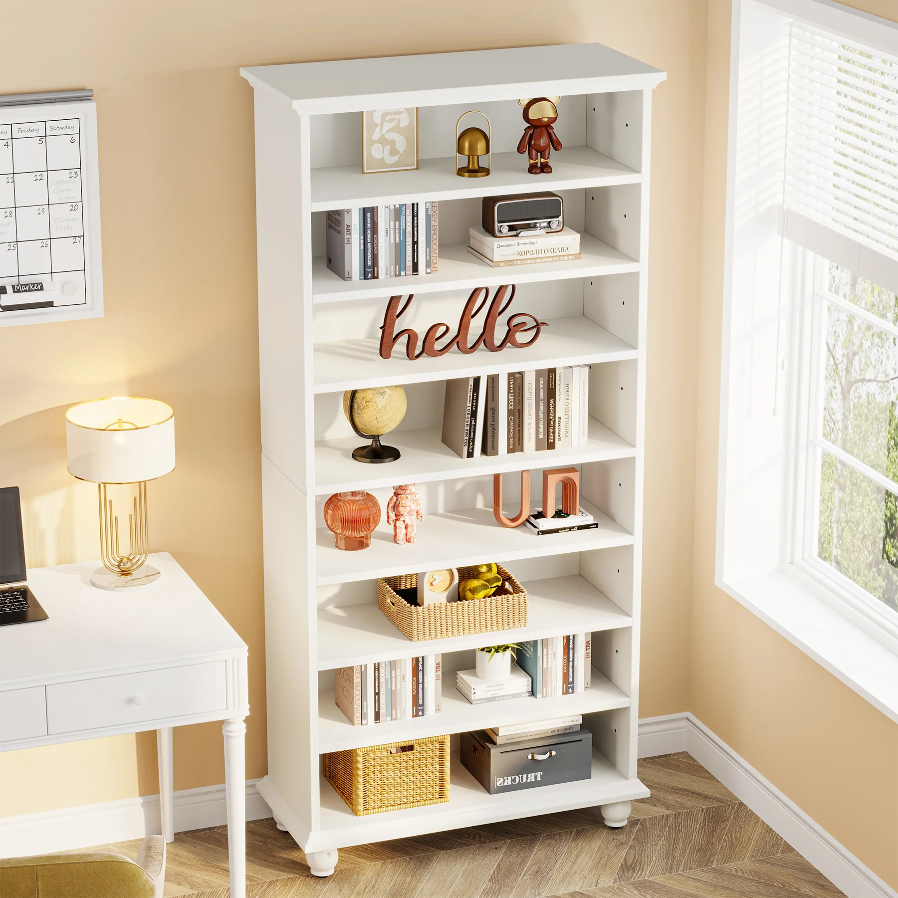 Tribesigns 69-Inch White Bookcase with LED Lighting and Solid Wood Legs, 9-Tier Open Bookshelf for Living Room and Home Office - Image 6