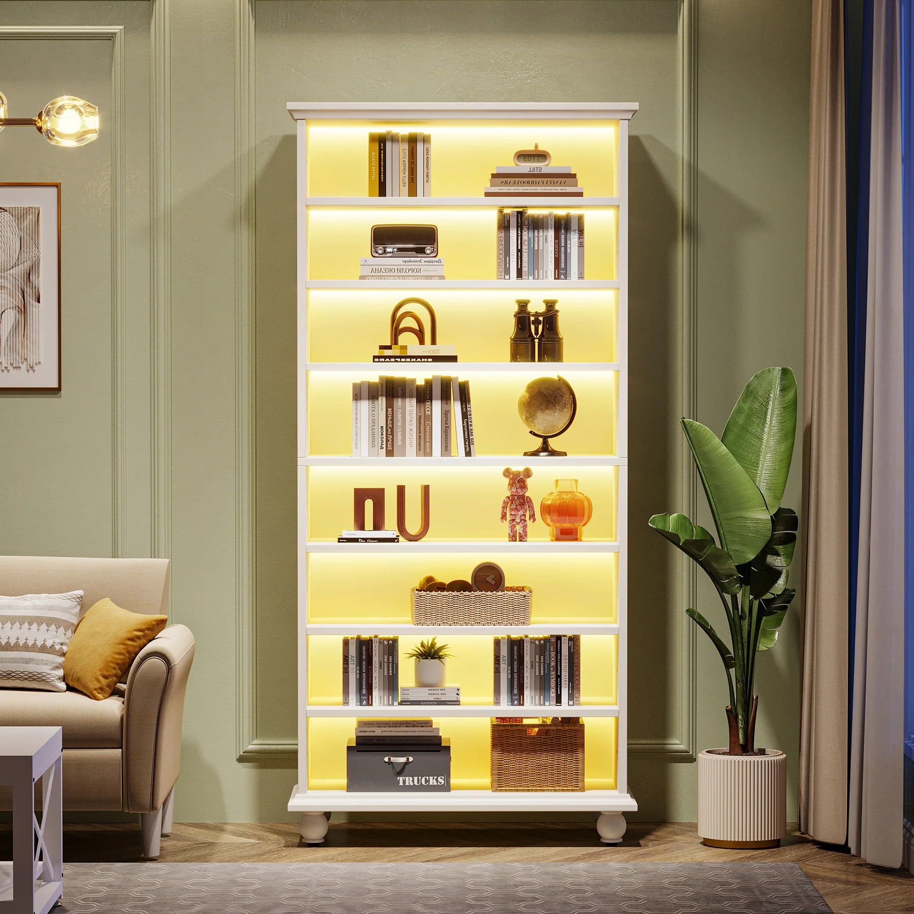 Tribesigns 69-Inch White Bookcase with LED Lighting and Solid Wood Legs, 9-Tier Open Bookshelf for Living Room and Home Office - Image 8