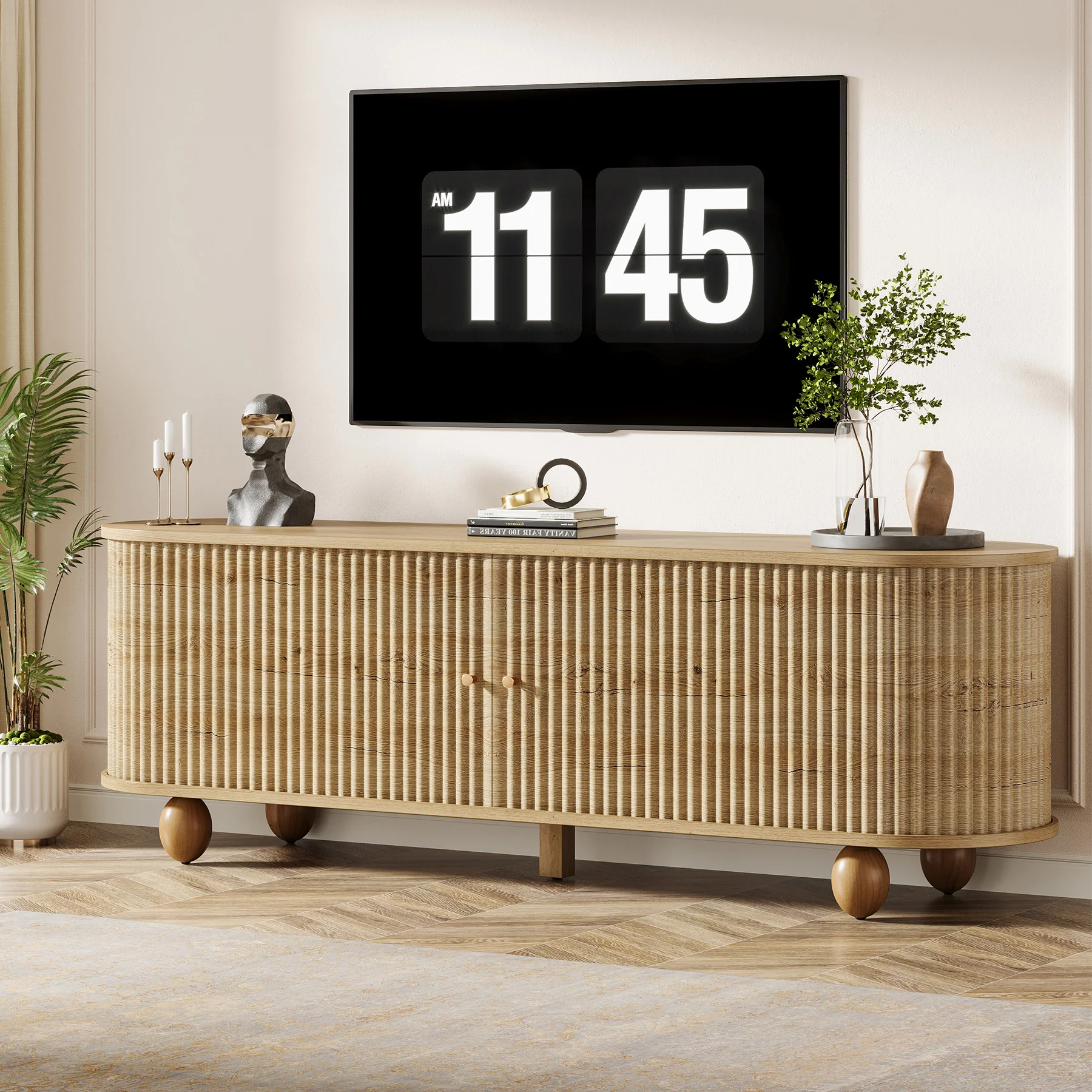 Tribesigns 70.8-Inch Farmhouse Fluted TV Stand with Sliding Doors and Storage Shelves, Extra Long Media Console for 65 70 and 75 Inch TVs