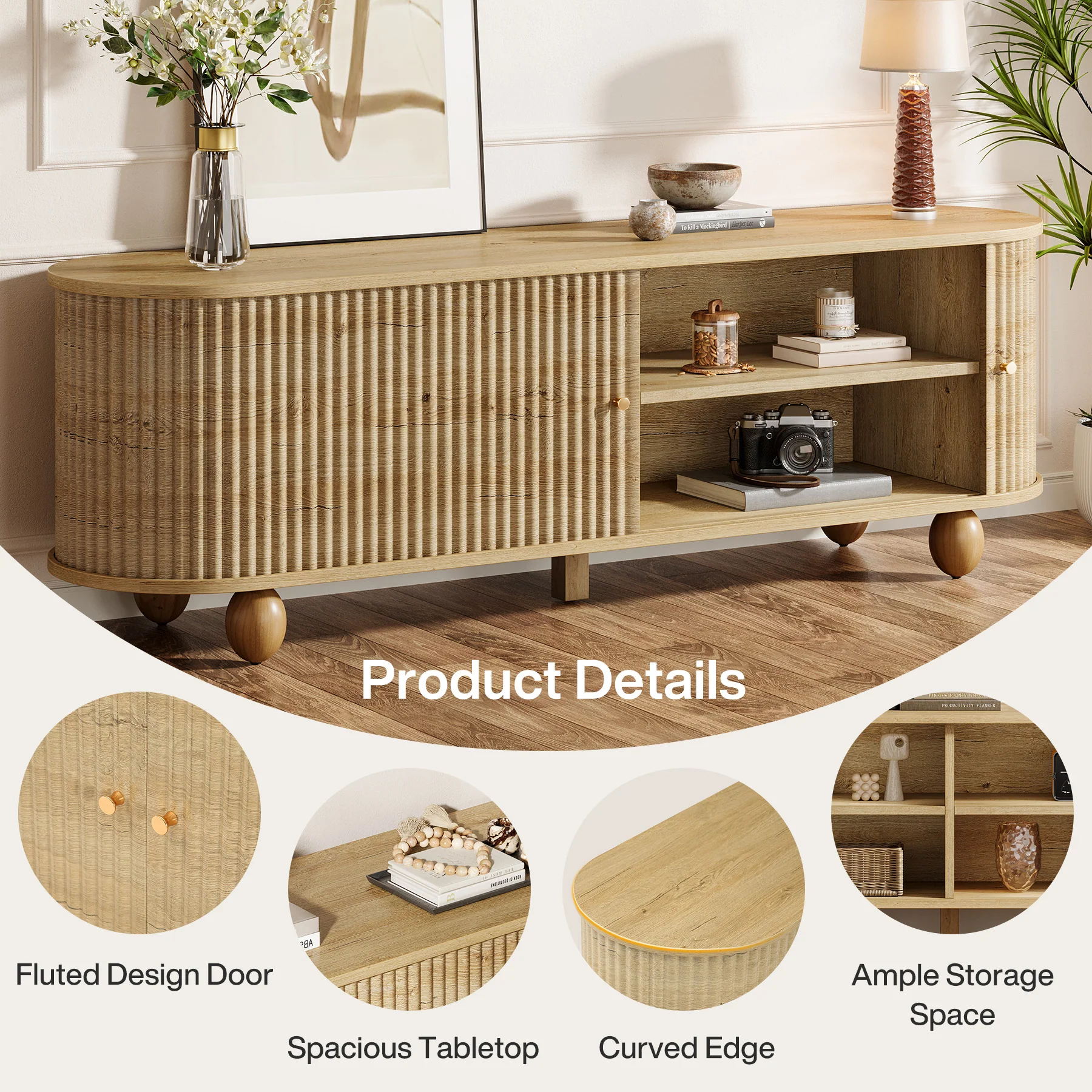 Tribesigns 70.8-Inch Farmhouse Fluted TV Stand with Sliding Doors and Storage Shelves, Extra Long Media Console for 65 70 and 75 Inch TVs - Image 3