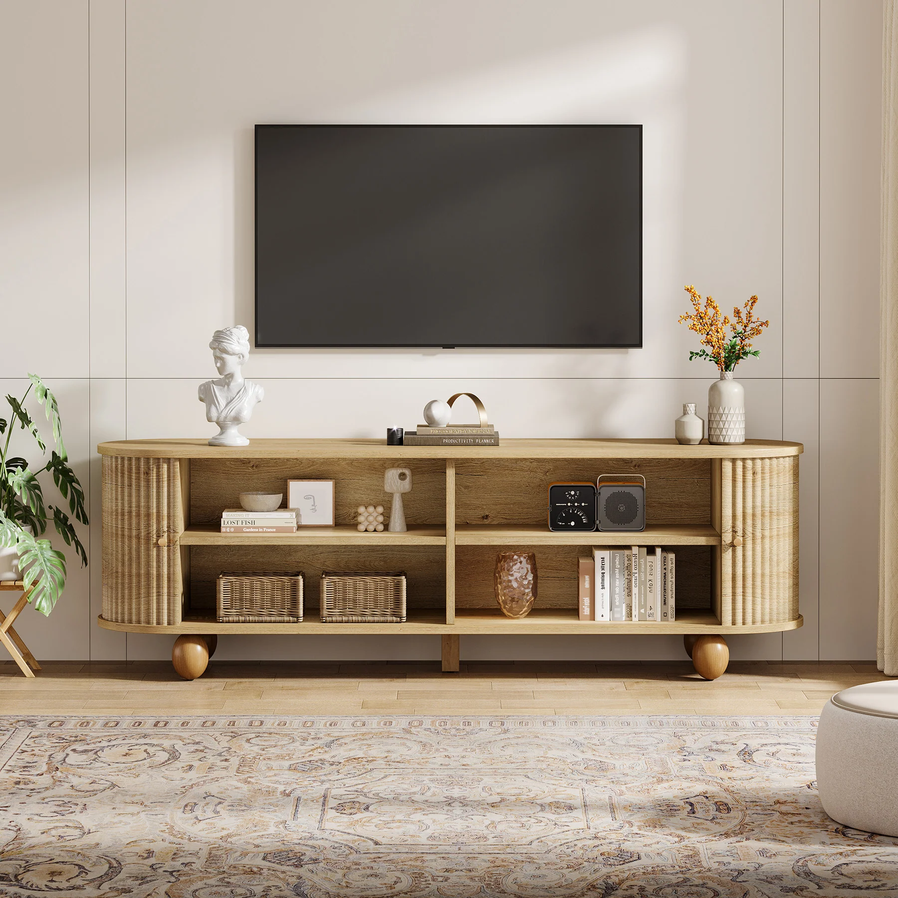 Tribesigns 70.8-Inch Farmhouse Fluted TV Stand with Sliding Doors and Storage Shelves, Extra Long Media Console for 65 70 and 75 Inch TVs - Image 4