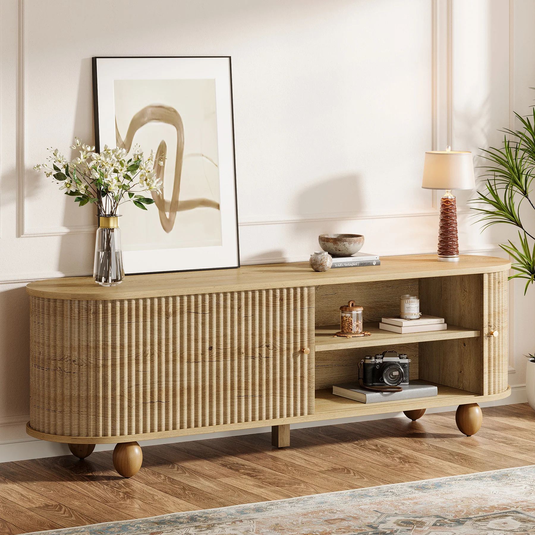 Tribesigns 70.8-Inch Farmhouse Fluted TV Stand with Sliding Doors and Storage Shelves, Extra Long Media Console for 65 70 and 75 Inch TVs - Image 5