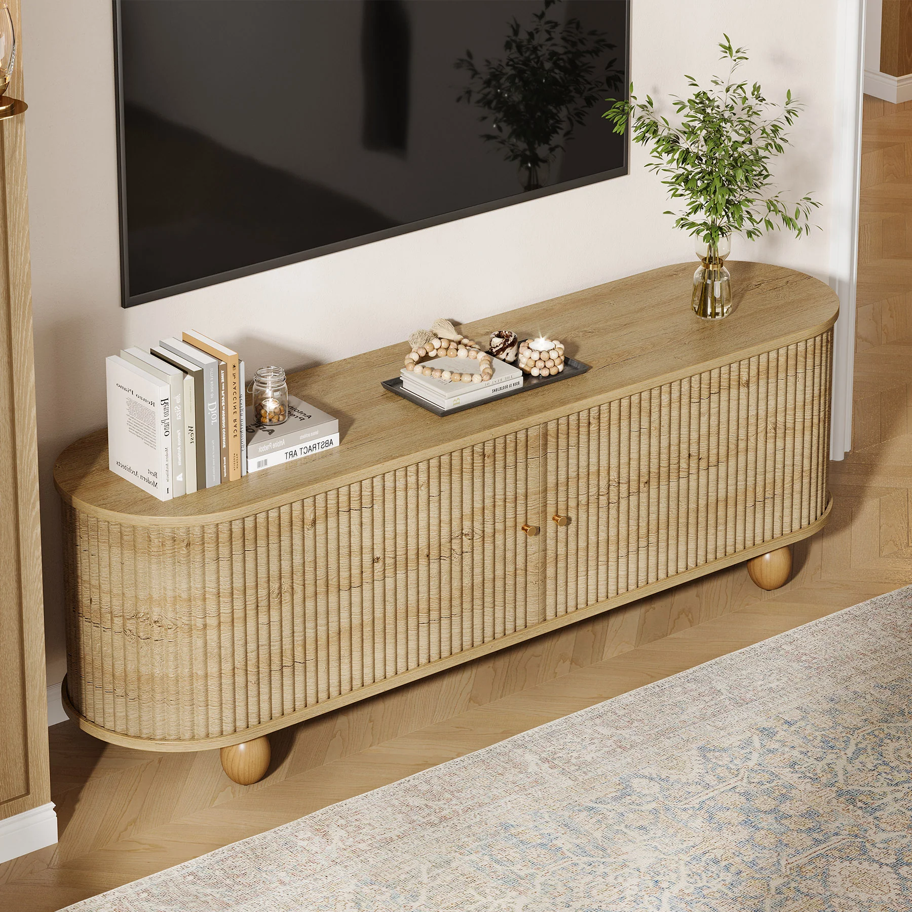 Tribesigns 70.8-Inch Farmhouse Fluted TV Stand with Sliding Doors and Storage Shelves, Extra Long Media Console for 65 70 and 75 Inch TVs - Image 6