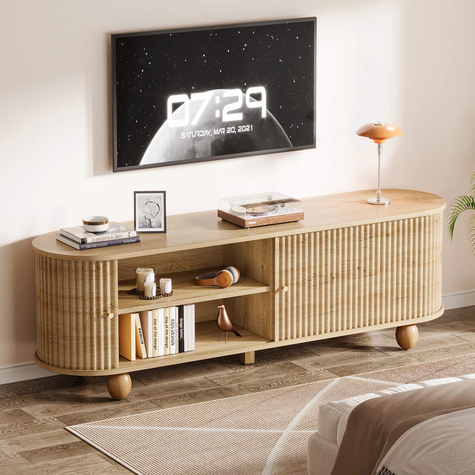 Tribesigns 70.8-Inch Farmhouse Fluted TV Stand with Sliding Doors and Storage Shelves, Extra Long Media Console for 65 70 and 75 Inch TVs - Image 7