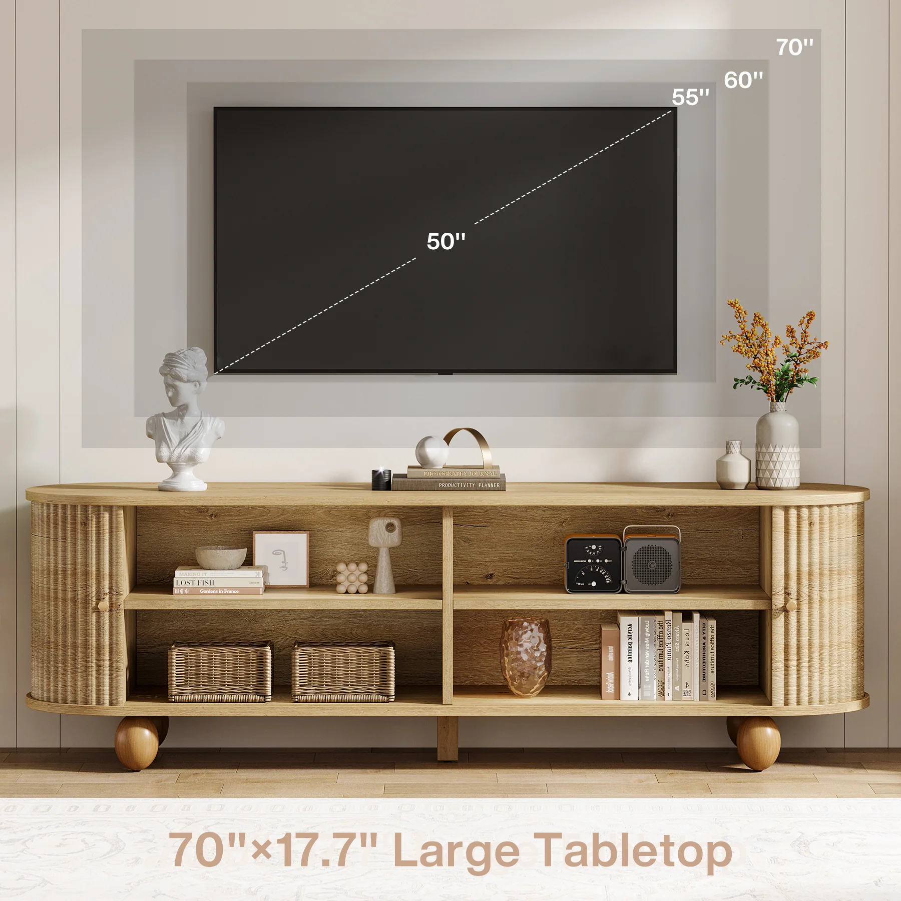 Tribesigns 70.8-Inch Farmhouse Fluted TV Stand with Sliding Doors and Storage Shelves, Extra Long Media Console for 65 70 and 75 Inch TVs - Image 8
