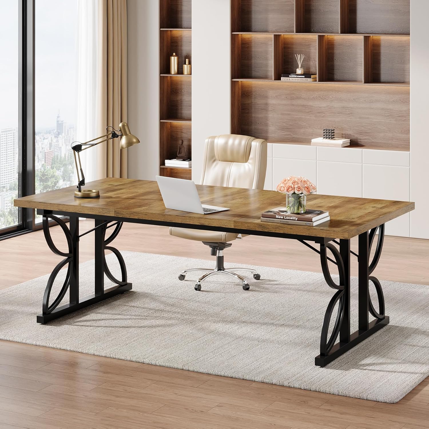 70.8" Industrial Computer Desk - Rustic Brown & Black Metal Frame Workstation - Image 4