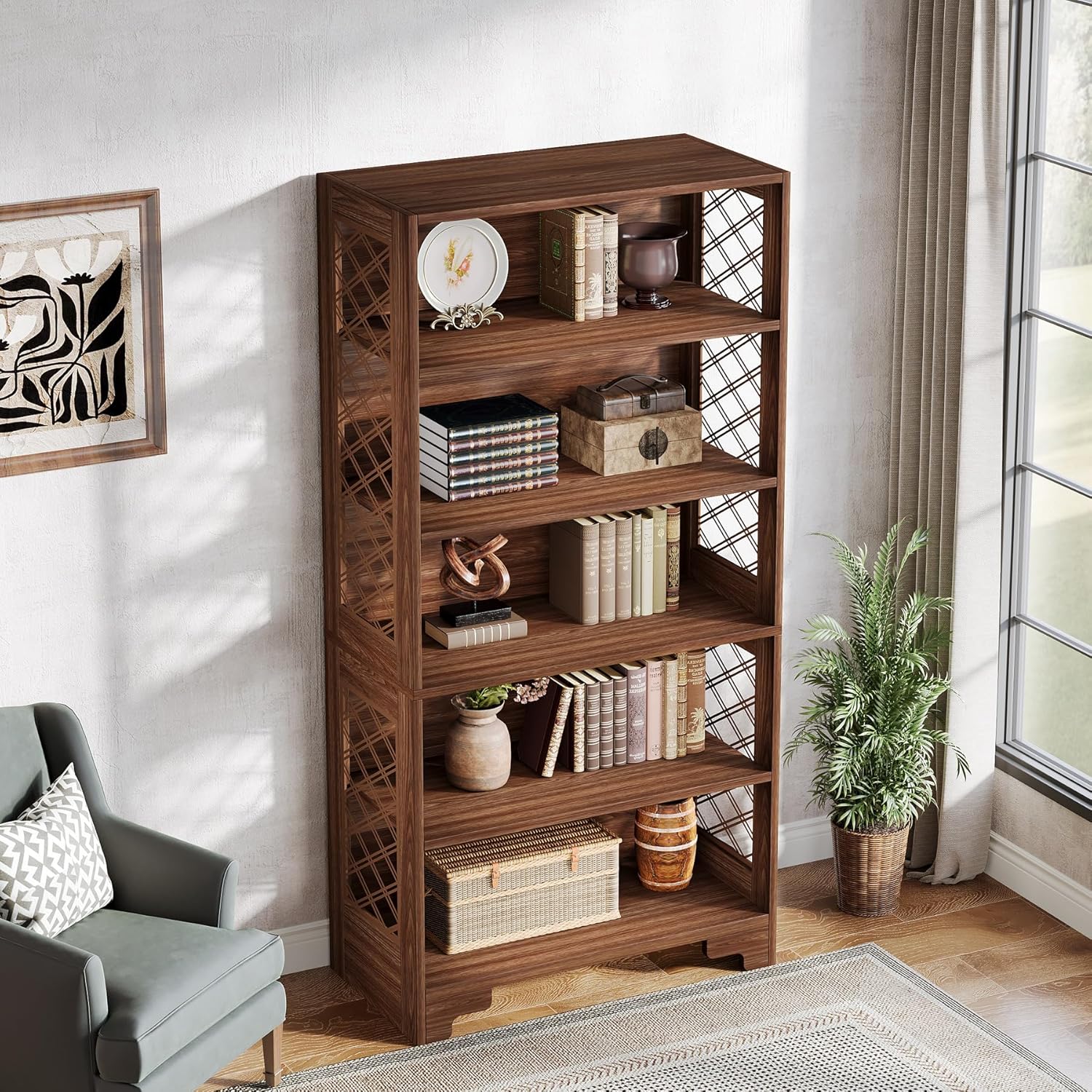 70.8" Mid-Century Bookcase - 6-Tier Vintage Display Shelf for Living Room & Home Office - Image 6