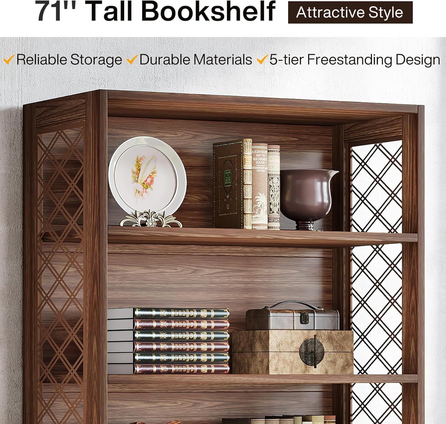 70.8" Mid-Century Bookcase - 6-Tier Vintage Display Shelf for Living Room & Home Office - Image 7