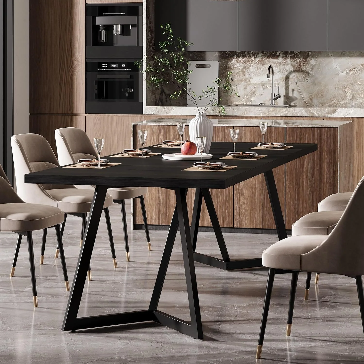 70.86-Inch Modern Dining Table for Family, Elegant Black Rectangular Table with Sturdy Metal Frame - Image 5
