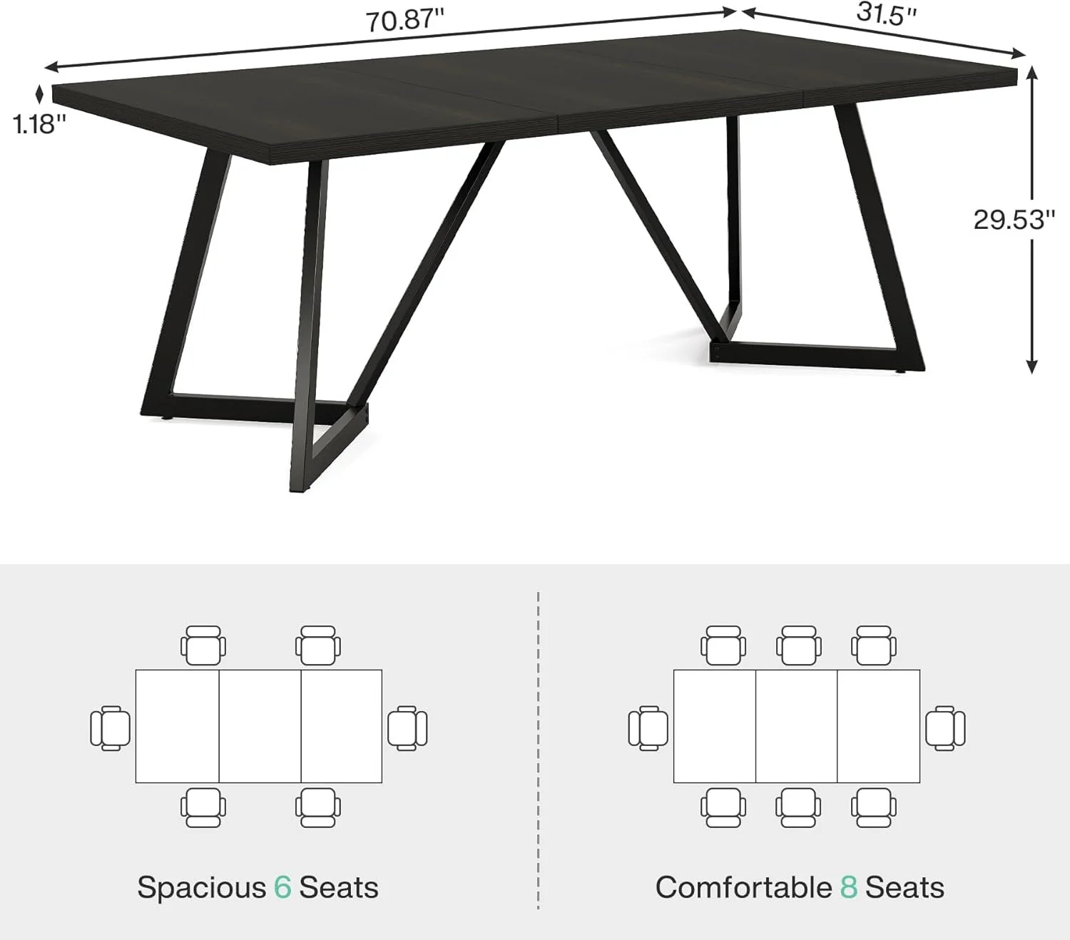 70.86-Inch Modern Executive Desk, Black Office Workstation with Sturdy Metal Frame - Image 2