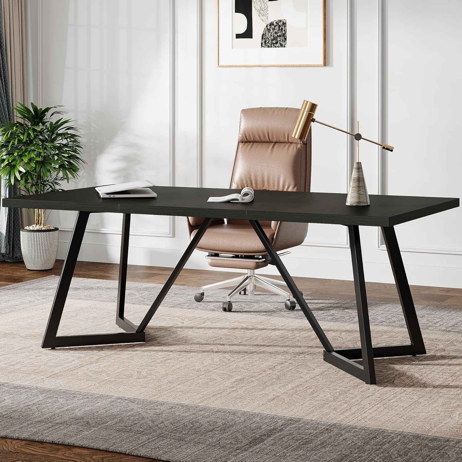 70.86-Inch Modern Executive Desk, Black Office Workstation with Sturdy Metal Frame - Image 3