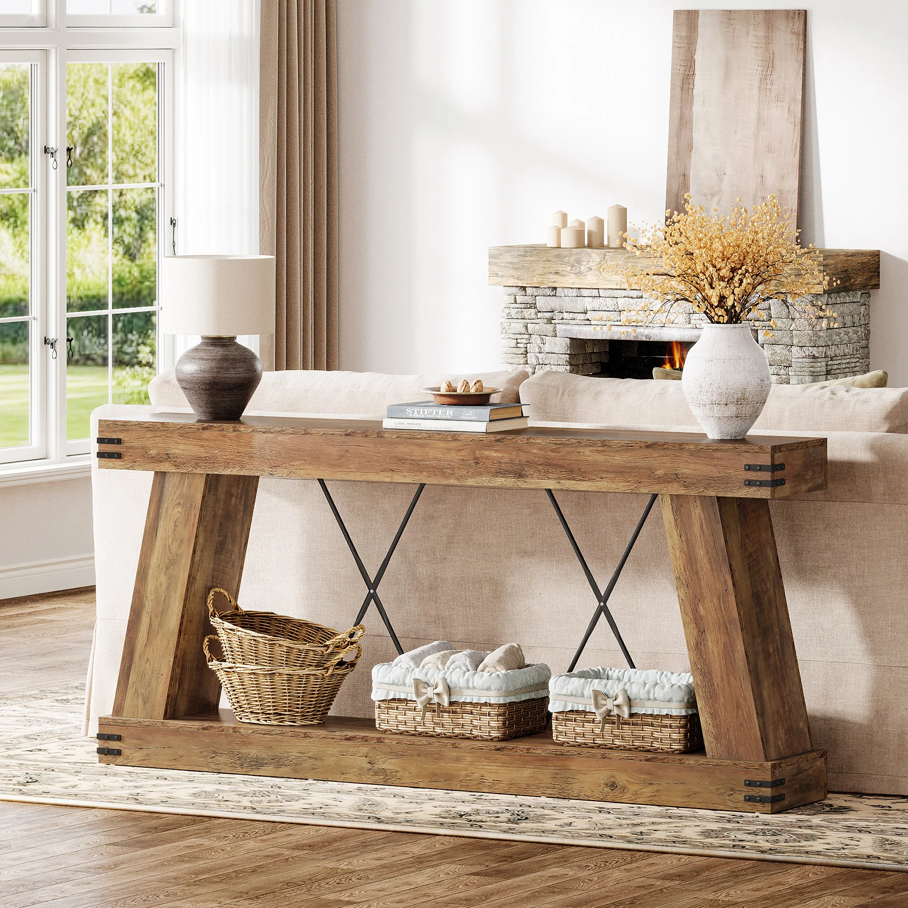 70.87" Farmhouse Console Table, Industrial Long Sofa Table with Storage for Entryway and Living Room