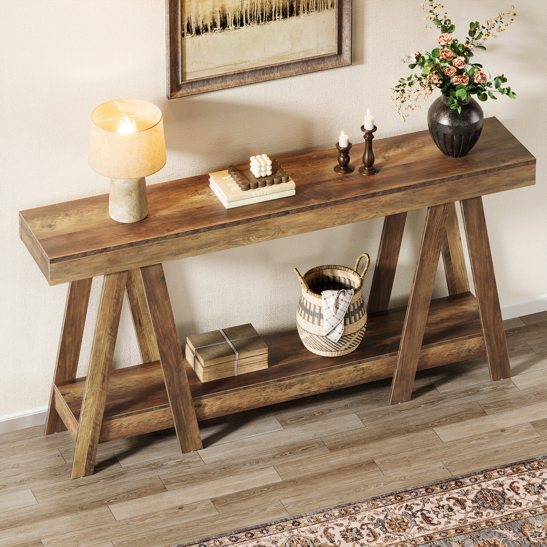 Tribesigns 70.87-Inch Farmhouse Console Table with 2-Tier Storage and A-Shaped Frame, Narrow Entryway Sofa Table for Living Room and Foyer - Image 7