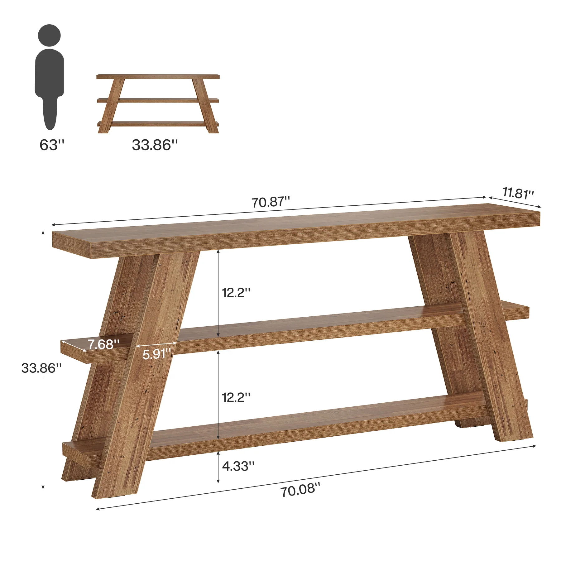 70.9" Farmhouse Console Table, 3-Tier Narrow Sofa Table with Storage - Image 2