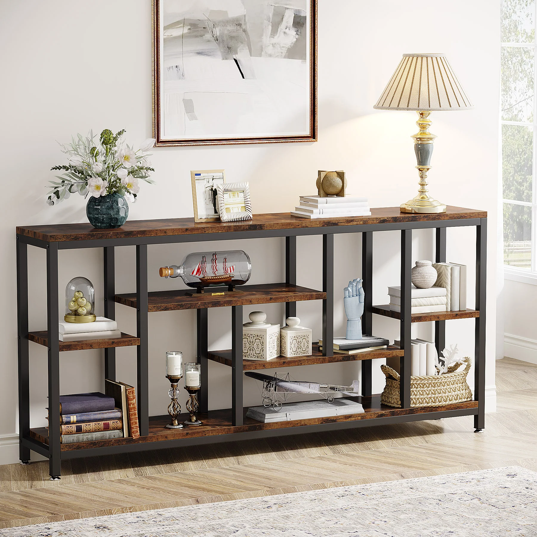 Tribesigns 70.9-Inch Extra Long Console Table with 3-Tier Storage Shelves, Industrial Narrow Sofa Table for Entryway
