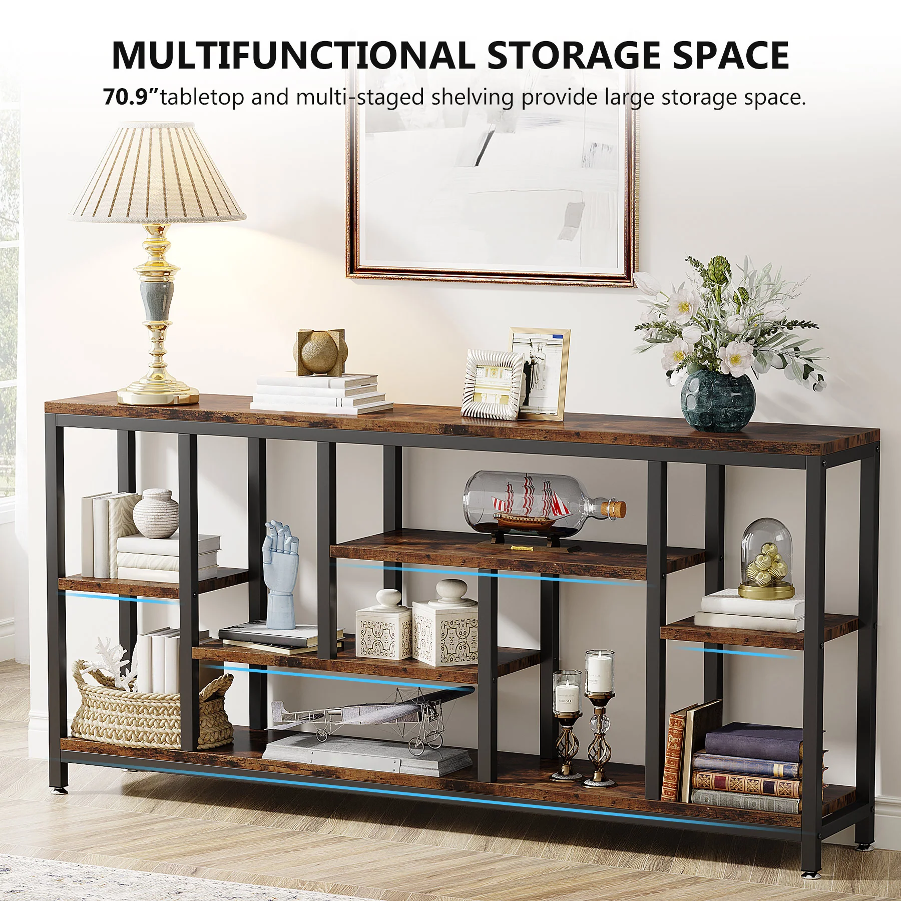 Tribesigns 70.9-Inch Extra Long Console Table with 3-Tier Storage Shelves, Industrial Narrow Sofa Table for Entryway - Image 7