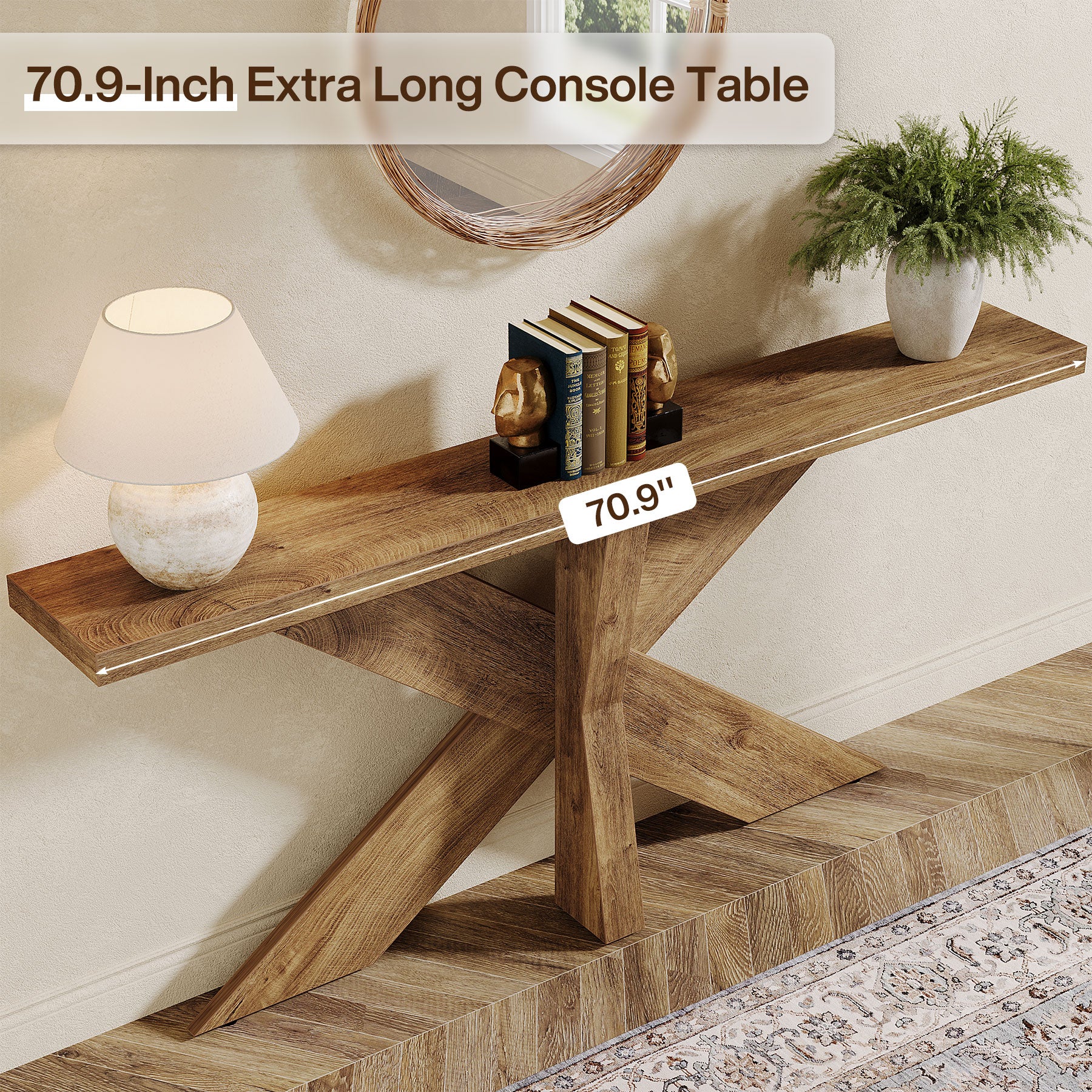 Tribesigns 70.9-Inch Console Table, Farmhouse Sofa Table with Wooden Geometric Base for Entryway and Living Room - Image 3