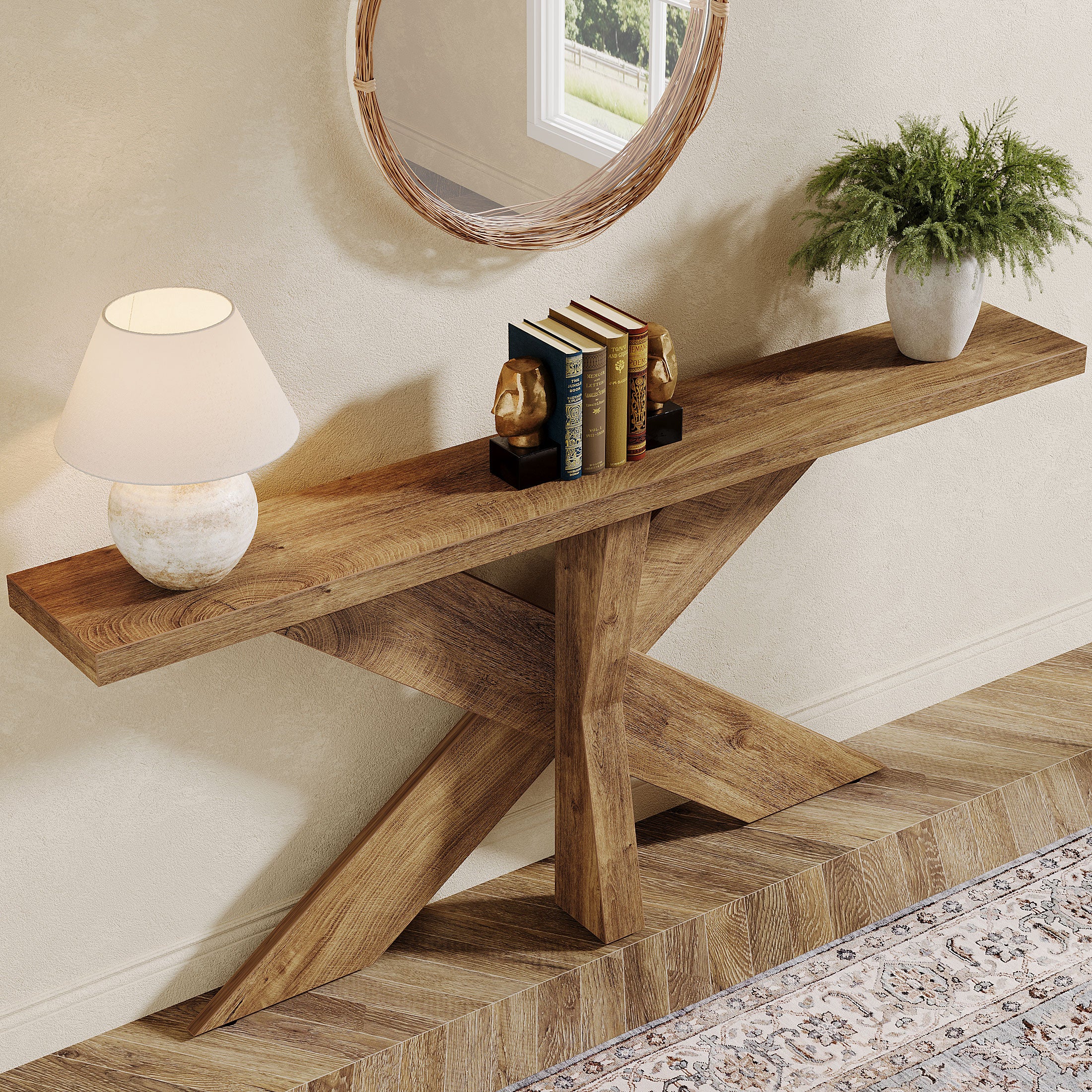 Tribesigns 70.9-Inch Console Table, Farmhouse Sofa Table with Wooden Geometric Base for Entryway and Living Room - Image 4