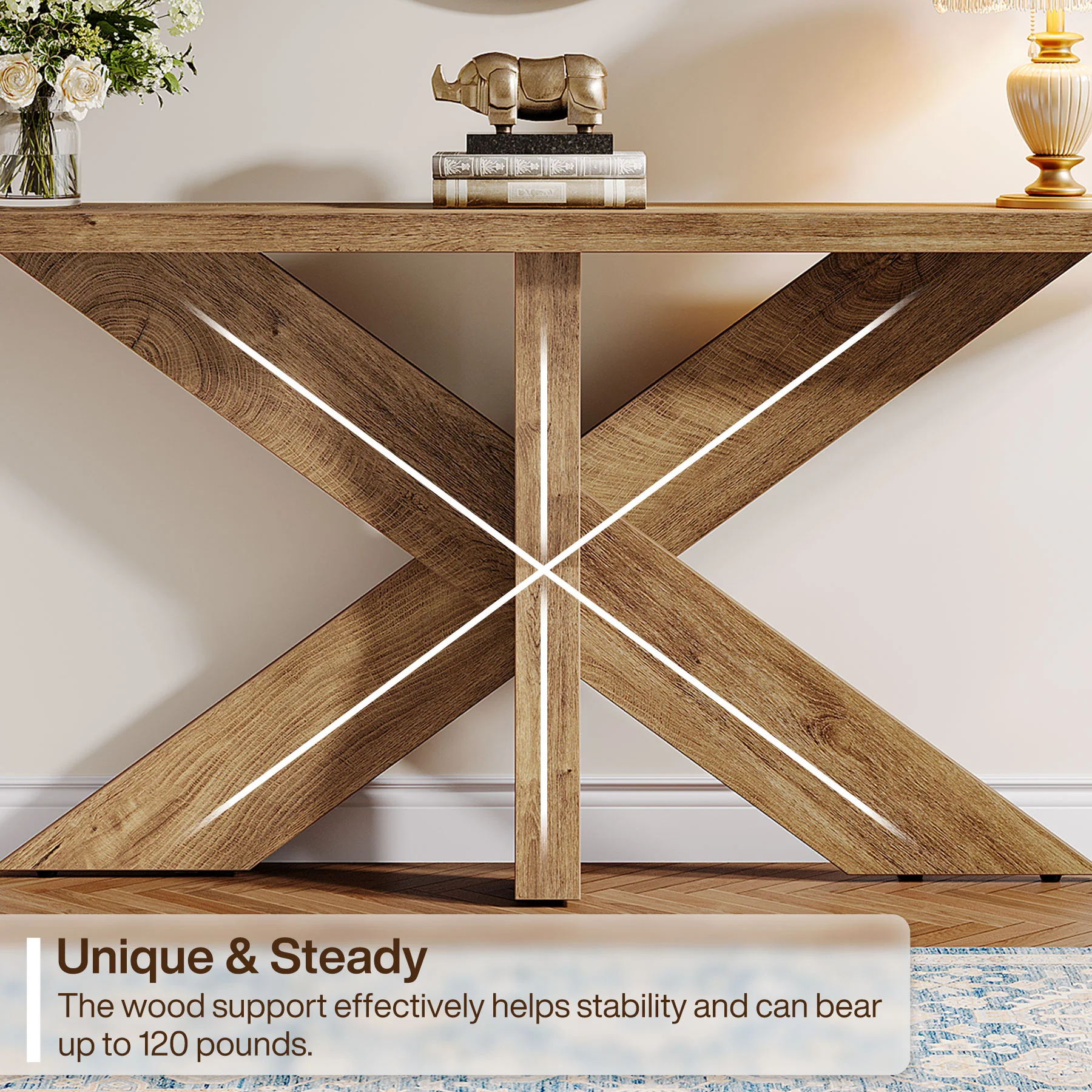 Tribesigns 70.9-Inch Console Table, Farmhouse Sofa Table with Wooden Geometric Base for Entryway and Living Room - Image 5