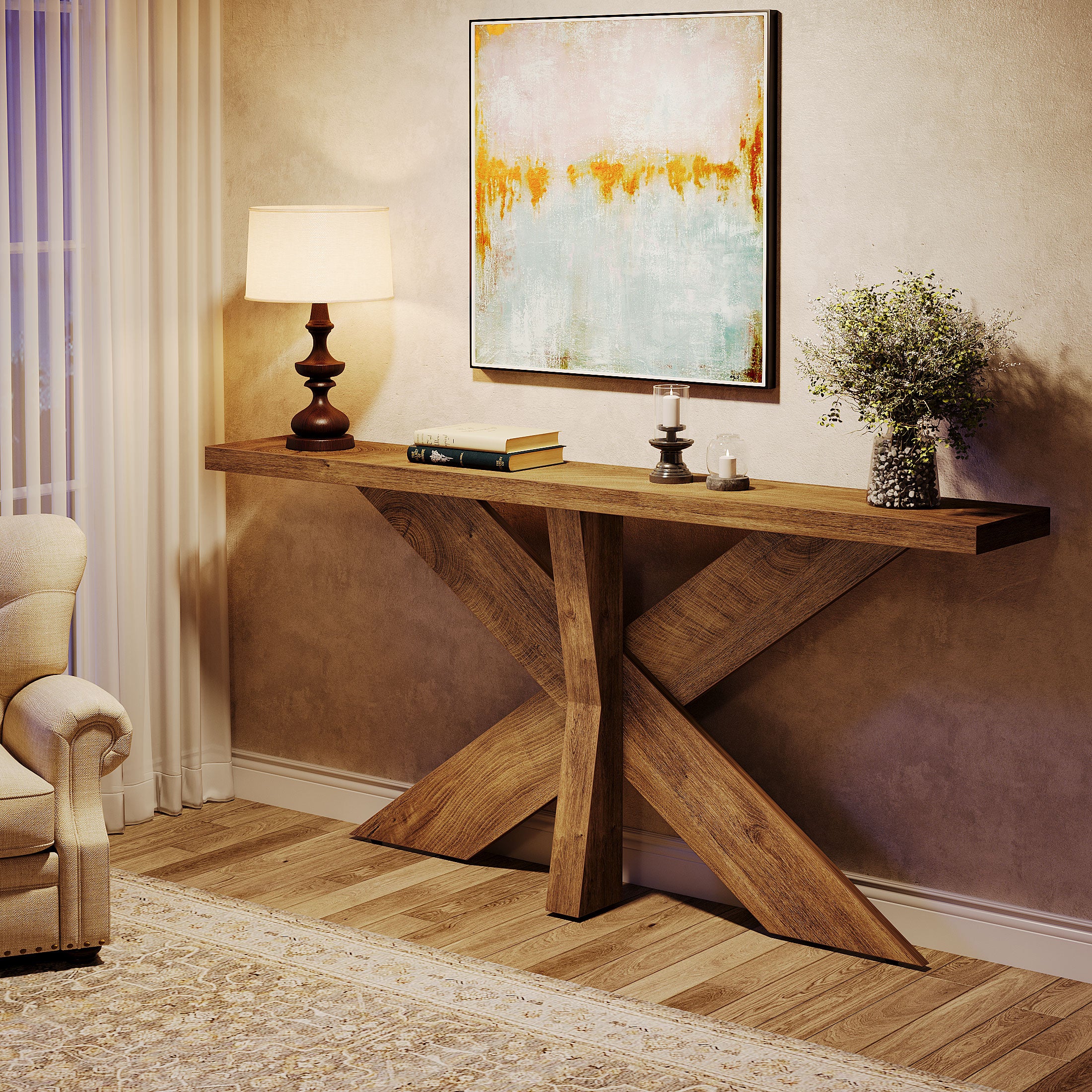 Tribesigns 70.9-Inch Console Table, Farmhouse Sofa Table with Wooden Geometric Base for Entryway and Living Room - Image 7