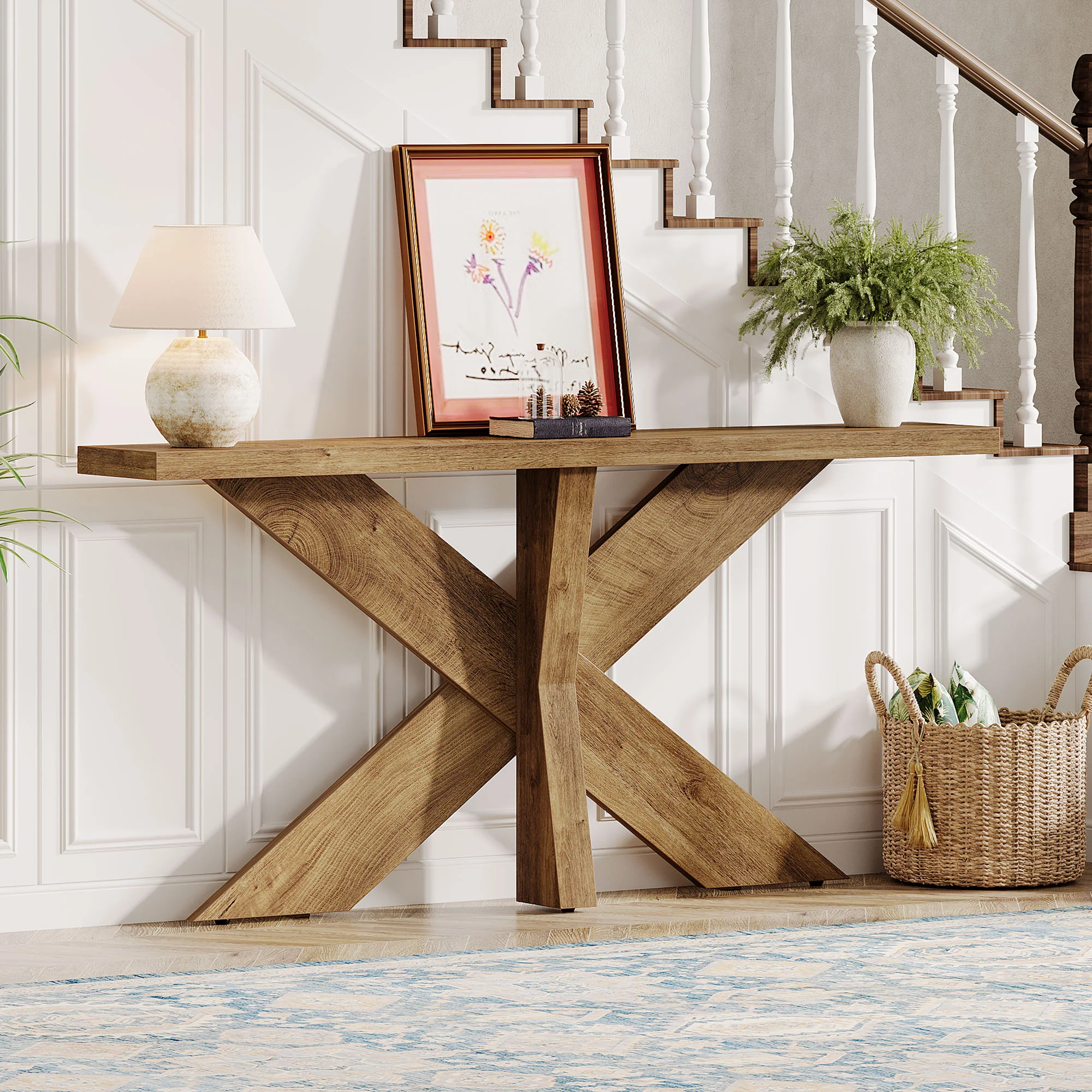 Tribesigns 70.9-Inch Console Table, Farmhouse Sofa Table with Wooden Geometric Base for Entryway and Living Room - Image 9