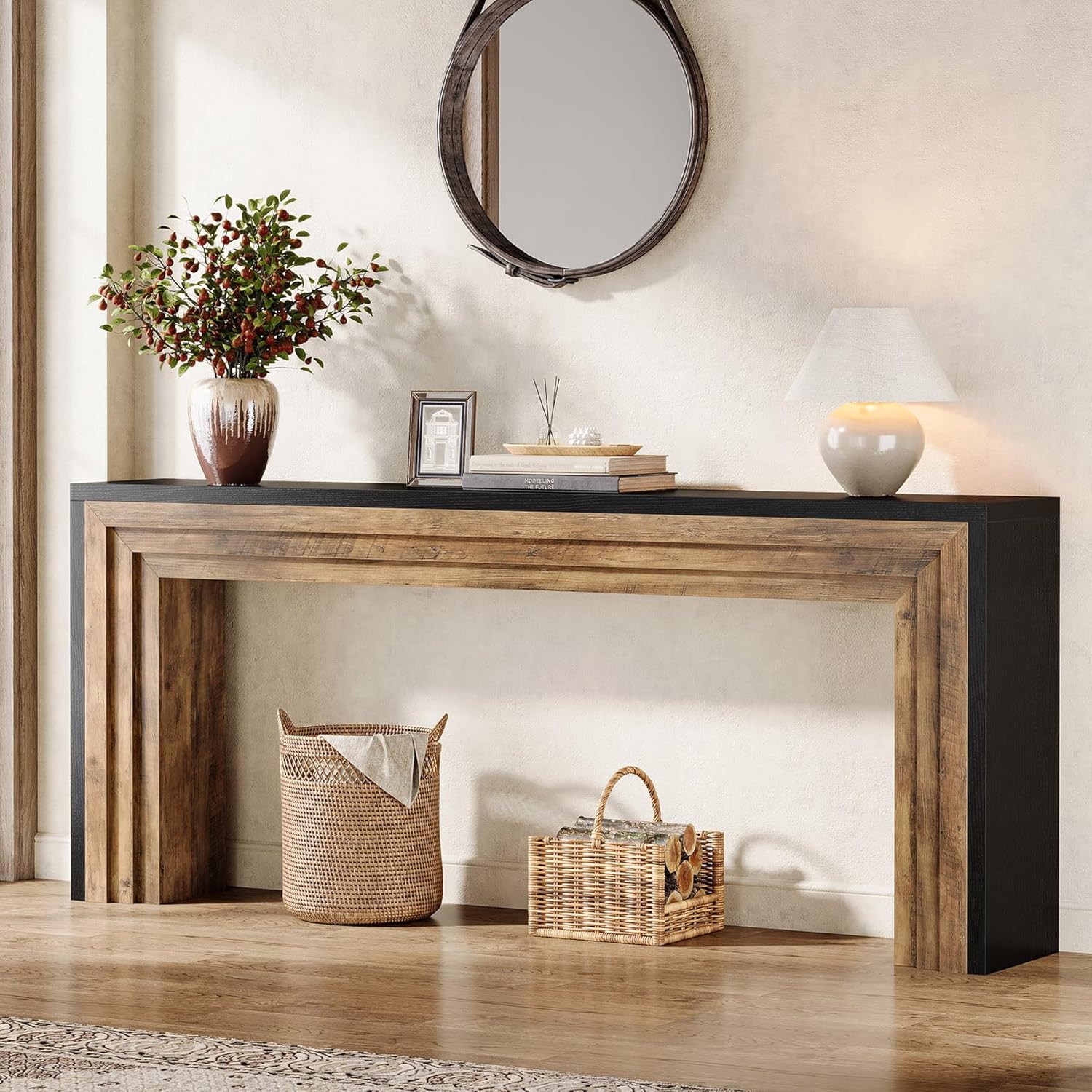71" Farmhouse Console Table - Narrow Wood Sofa Table in Black & Natural for Entryway & Living Room