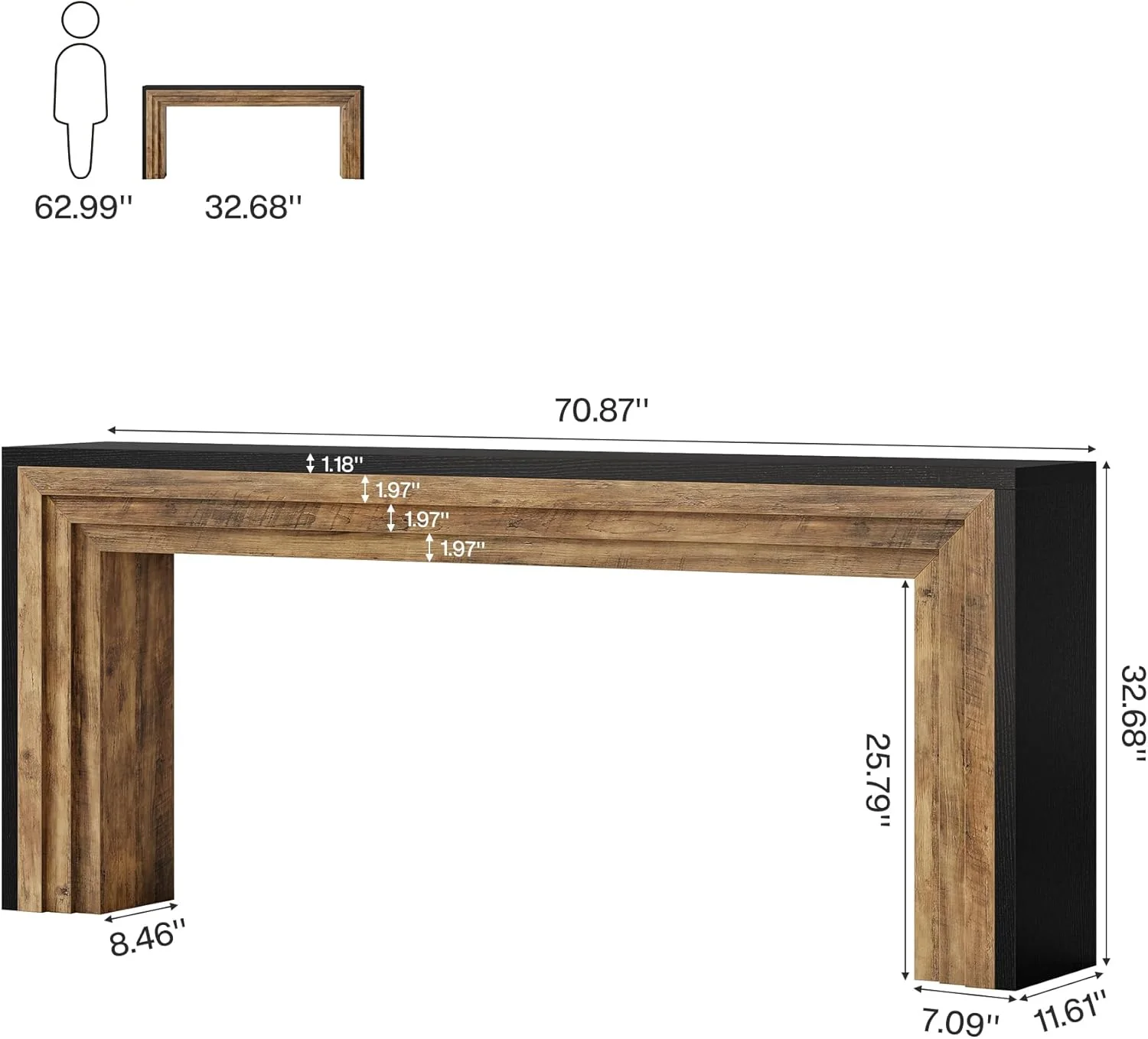 71" Farmhouse Console Table - Narrow Wood Sofa Table in Black & Natural for Entryway & Living Room - Image 2