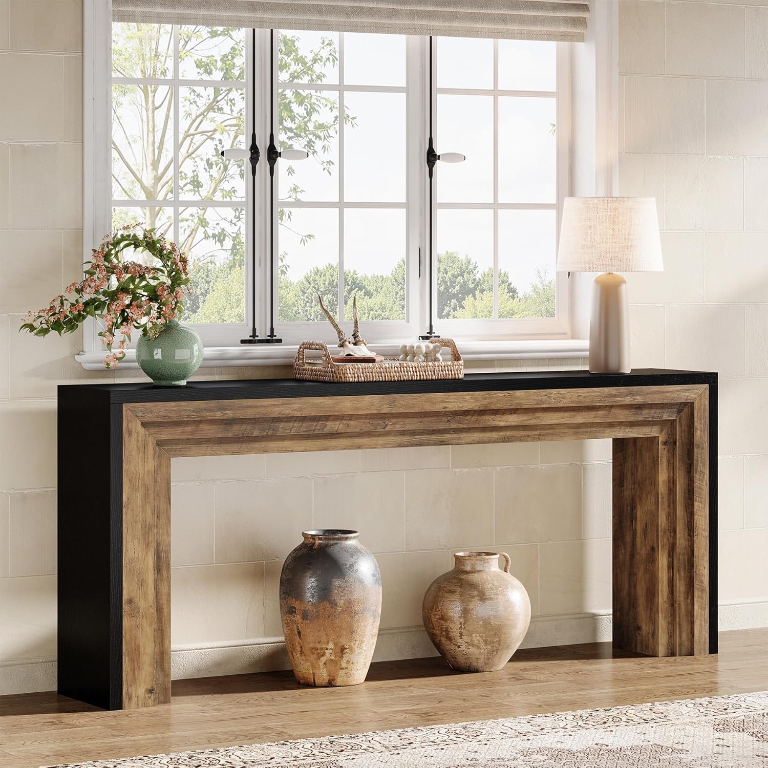 71" Farmhouse Console Table - Narrow Wood Sofa Table in Black & Natural for Entryway & Living Room - Image 3