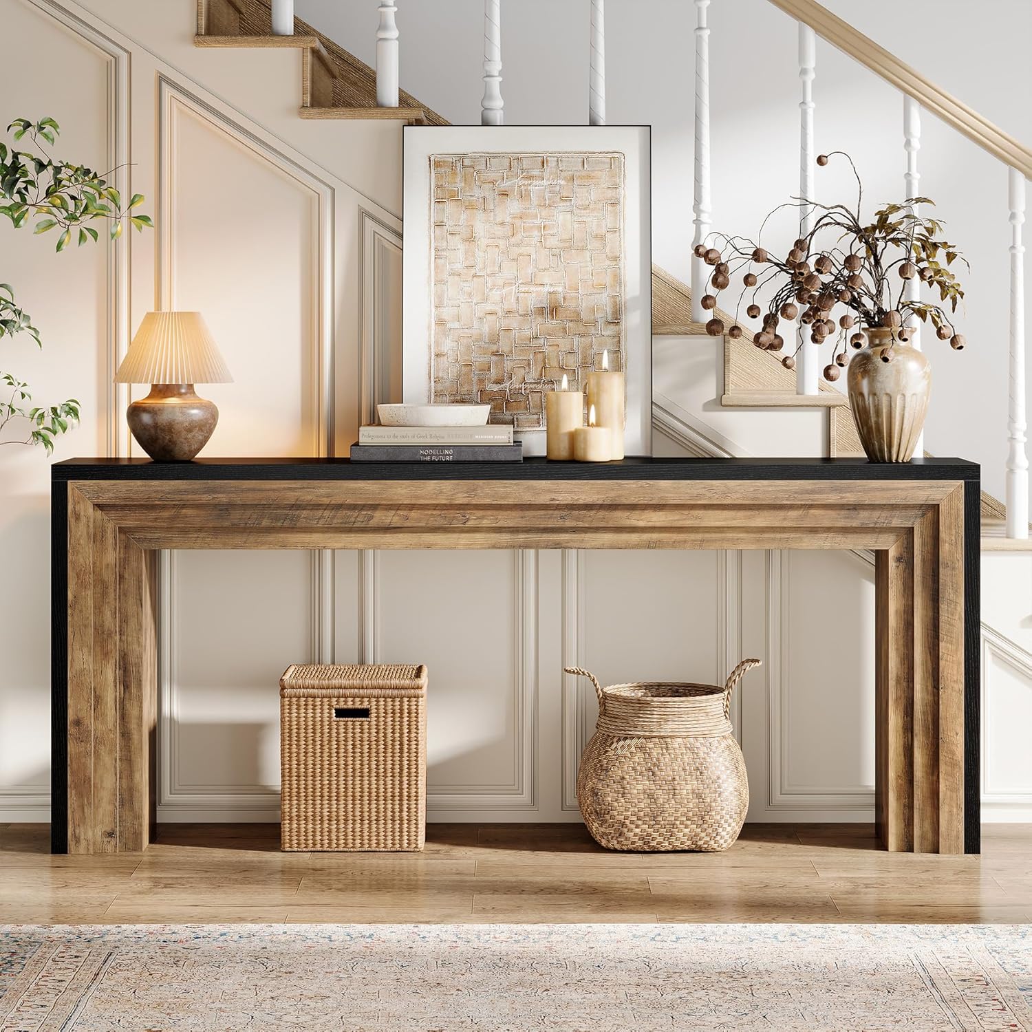 71" Farmhouse Console Table - Narrow Wood Sofa Table in Black & Natural for Entryway & Living Room - Image 4