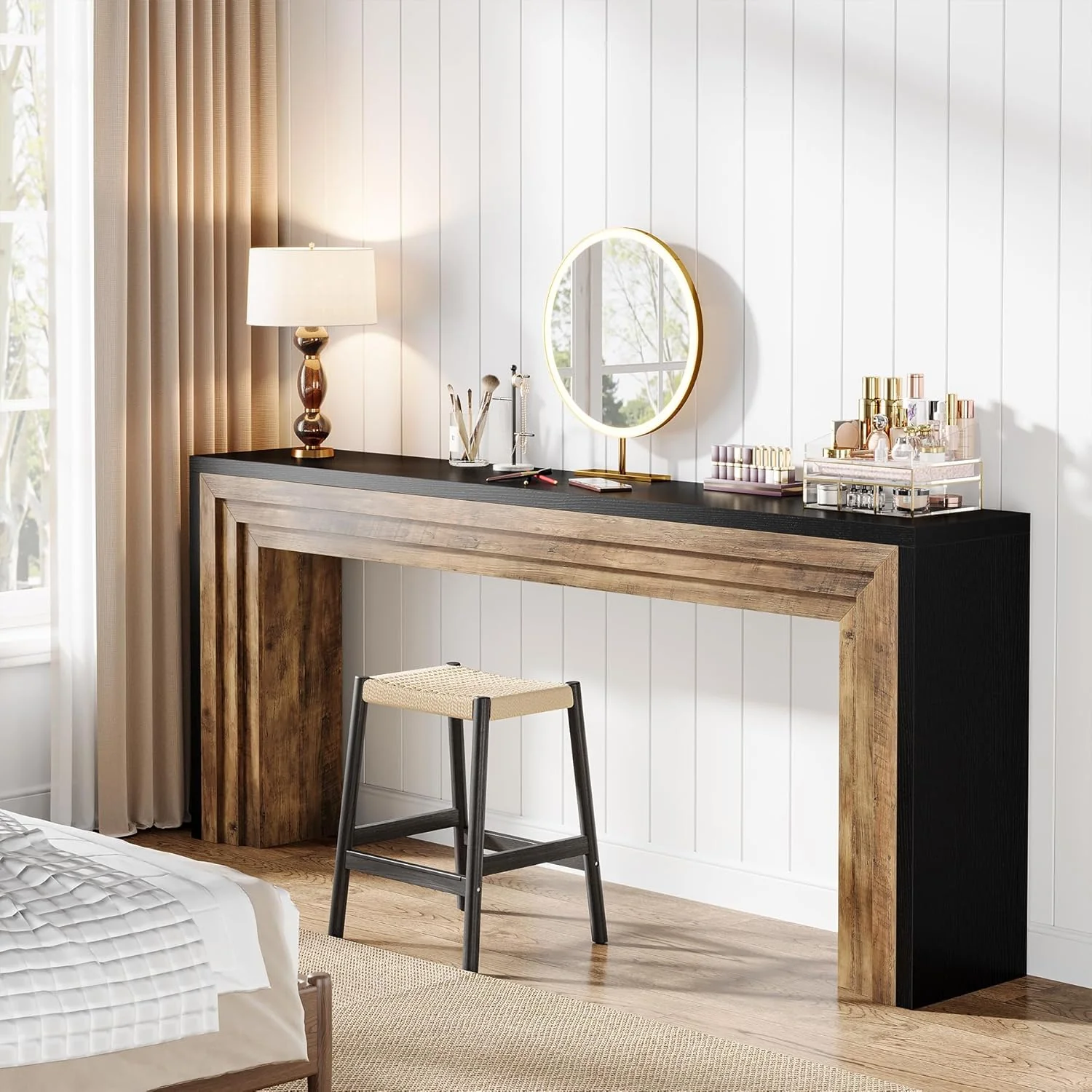 71" Farmhouse Console Table - Narrow Wood Sofa Table in Black & Natural for Entryway & Living Room - Image 6