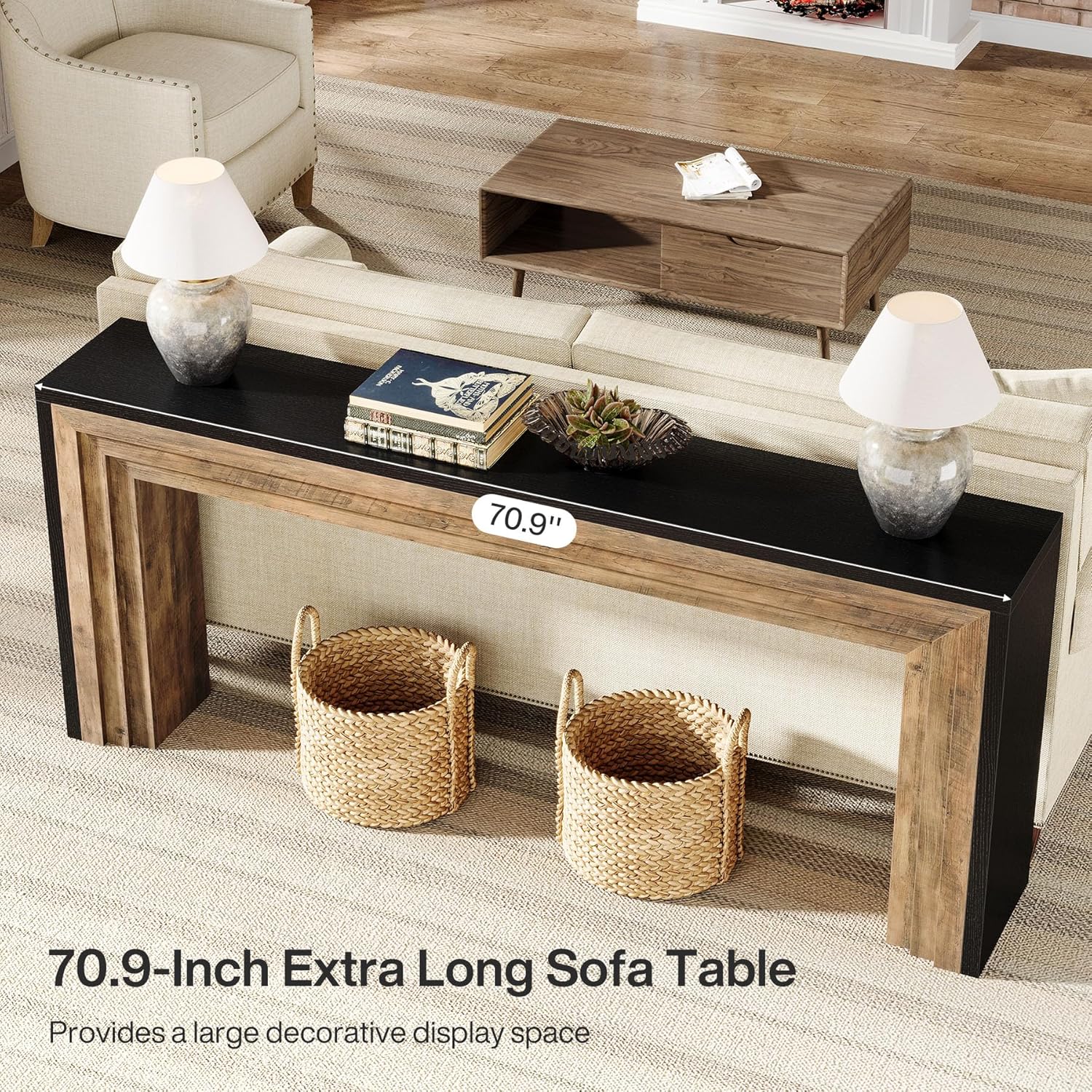 71" Farmhouse Console Table - Narrow Wood Sofa Table in Black & Natural for Entryway & Living Room - Image 7