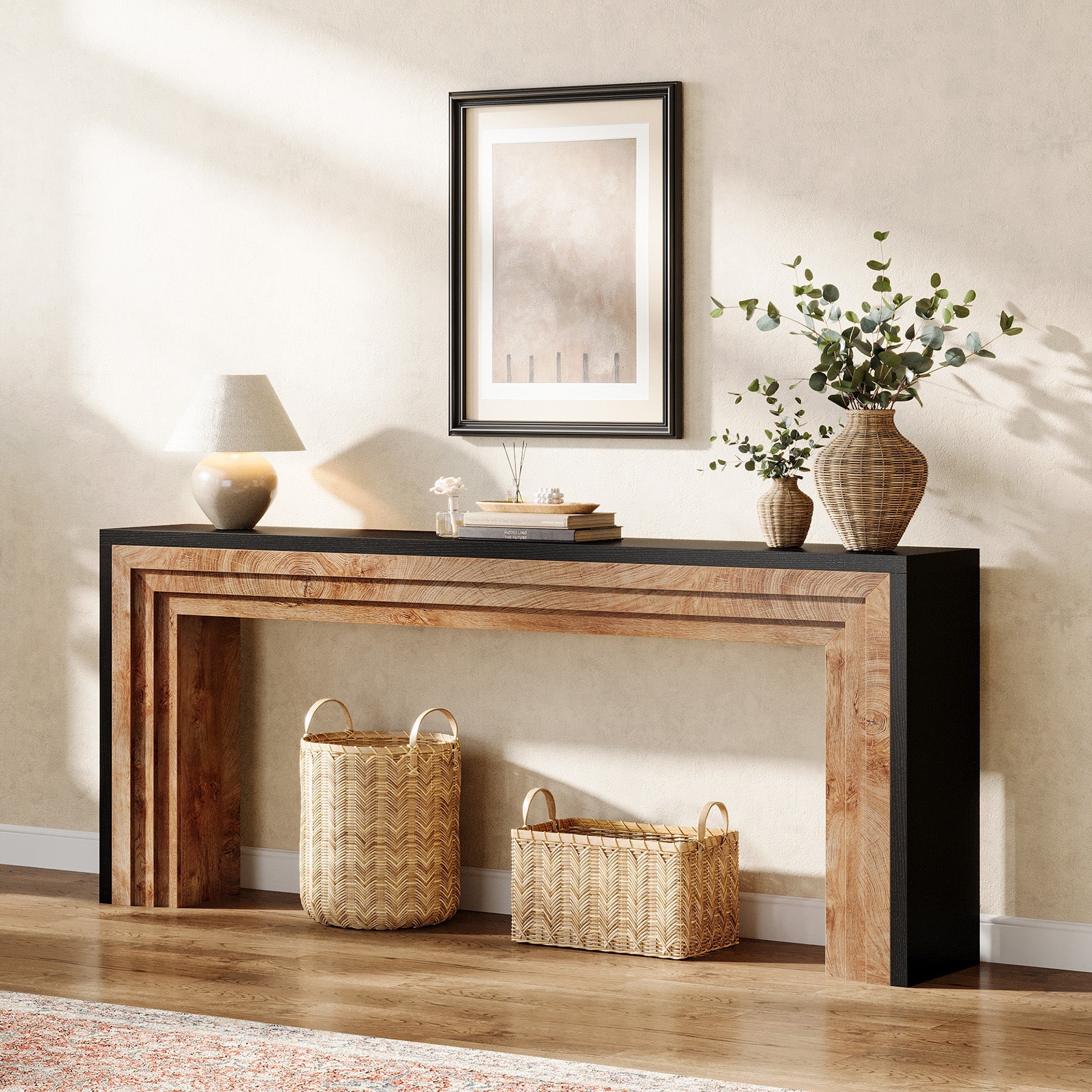 71" Farmhouse Console Table - Narrow Wood Sofa Table in Black & Natural for Entryway & Living Room - Image 8