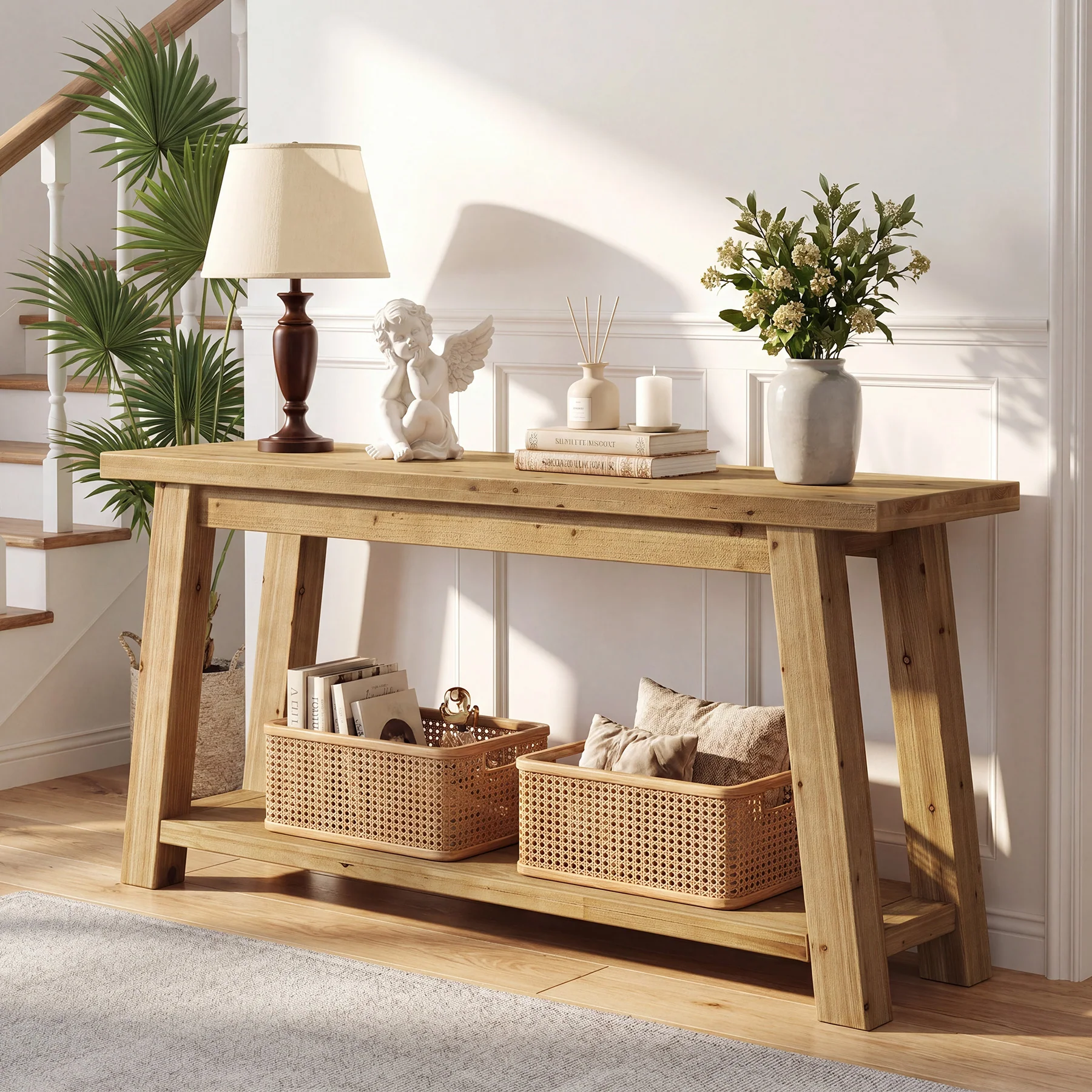 70.9-Inch Solid Wood Console Table with 2-Tier Storage Shelf, Farmhouse Entryway Table for Living Room and Hallway - Image 3