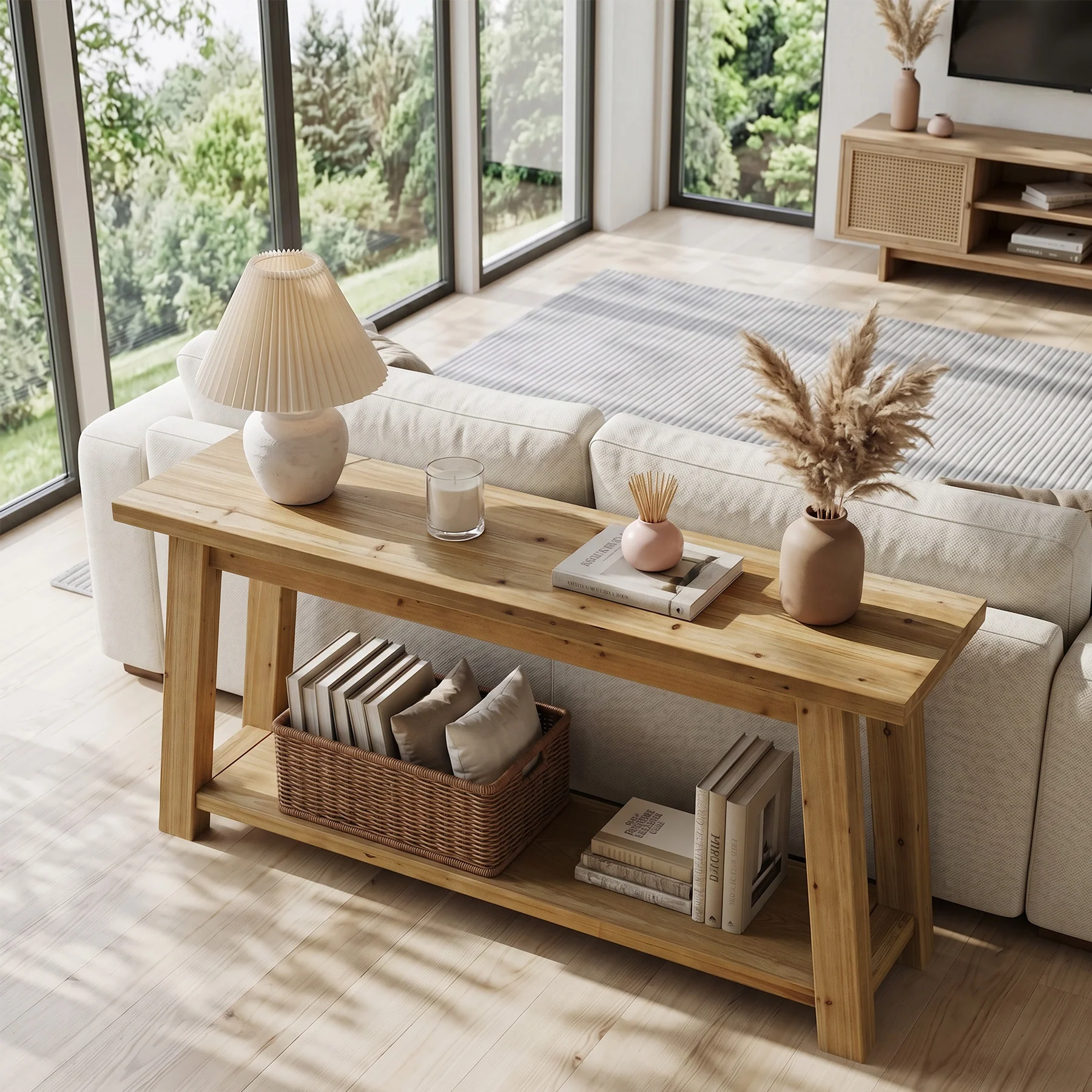 70.9-Inch Solid Wood Console Table with 2-Tier Storage Shelf, Farmhouse Entryway Table for Living Room and Hallway - Image 8