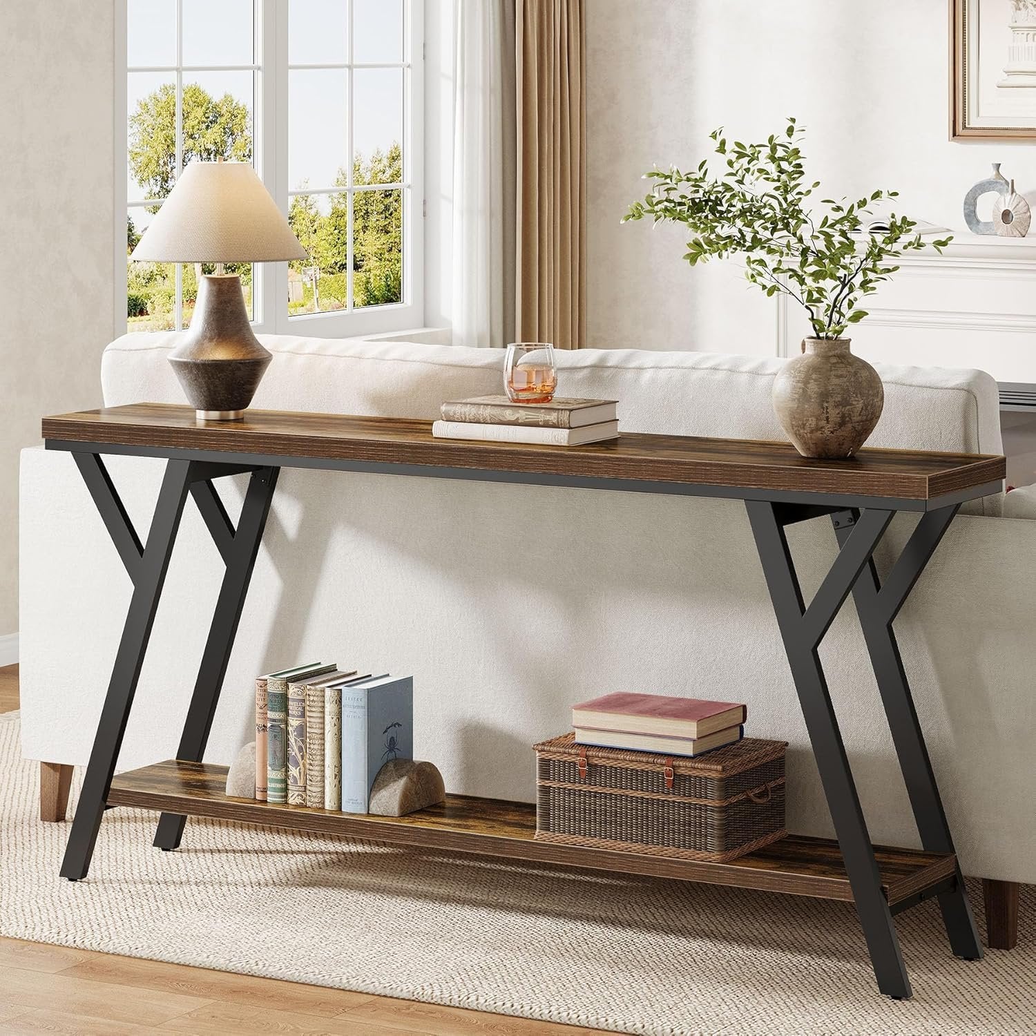 70.9" Industrial Console Table, Two-Tier Entryway Sofa Table in Rustic Brown - Image 3