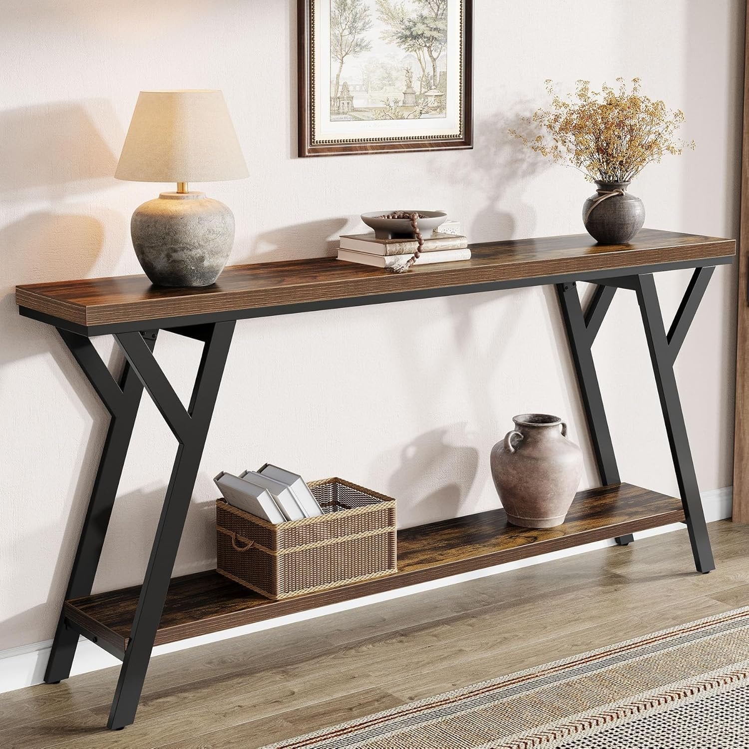 70.9" Industrial Console Table, Two-Tier Entryway Sofa Table in Rustic Brown - Image 4