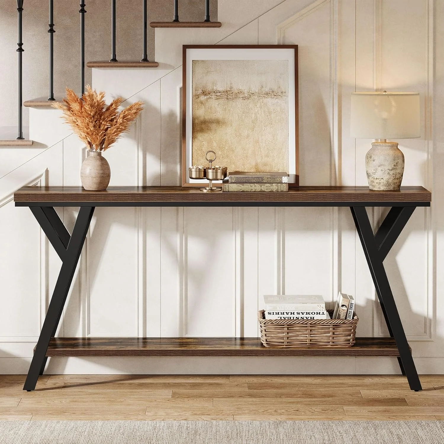 70.9" Industrial Console Table, Two-Tier Entryway Sofa Table in Rustic Brown - Image 5