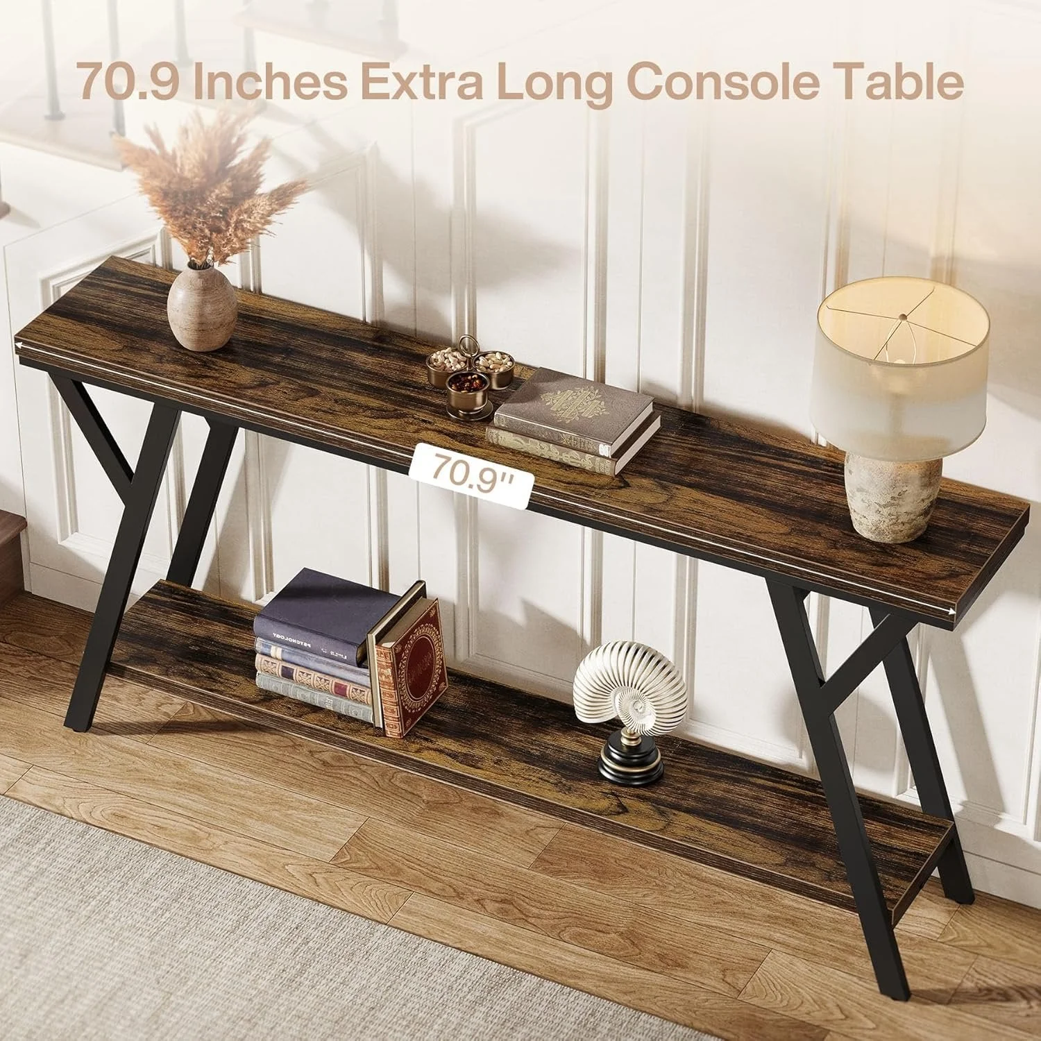 70.9" Industrial Console Table, Two-Tier Entryway Sofa Table in Rustic Brown - Image 7