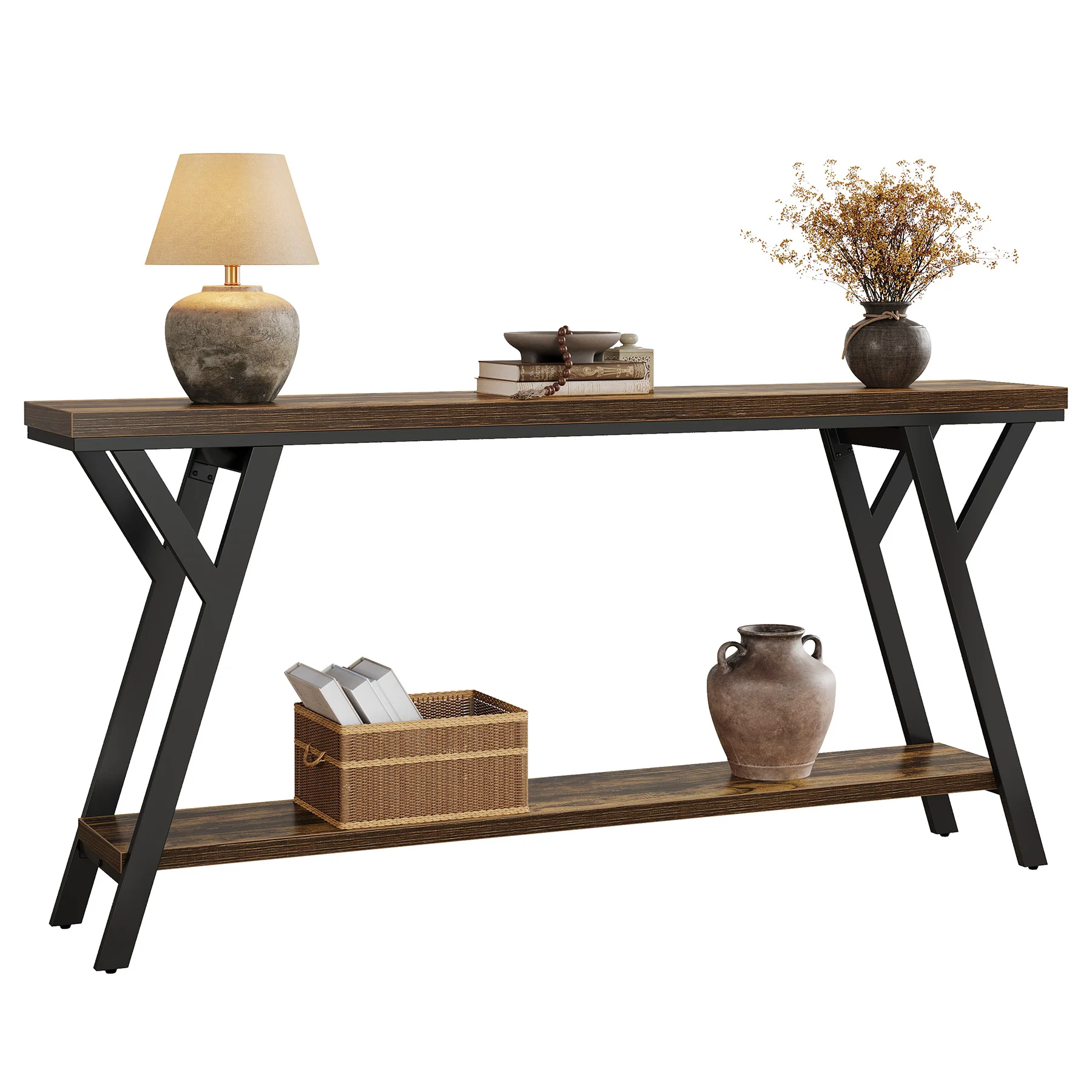 70.9" Industrial Console Table, Two-Tier Entryway Sofa Table in Rustic Brown - Image 9