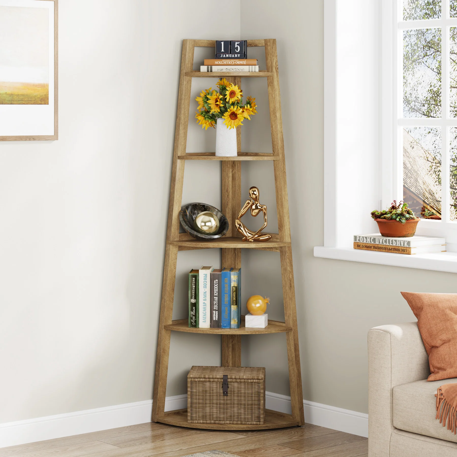 Tribesigns 70-Inch Tall Corner Shelf 5-Tier Bookcase, Industrial Corner Ladder Shelf for Small Spaces - Image 12