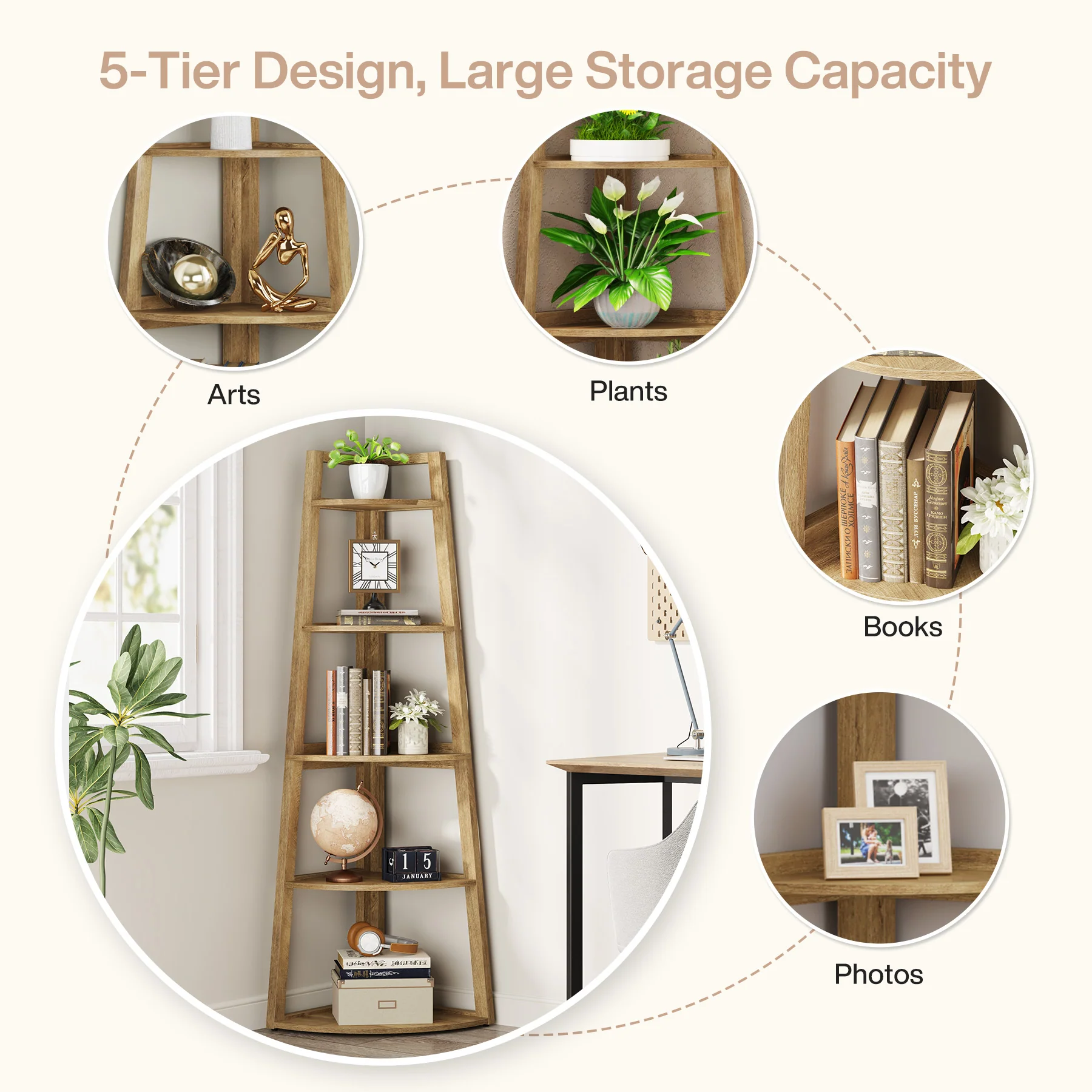 Tribesigns 70-Inch Tall Corner Shelf 5-Tier Bookcase, Industrial Corner Ladder Shelf for Small Spaces - Image 3
