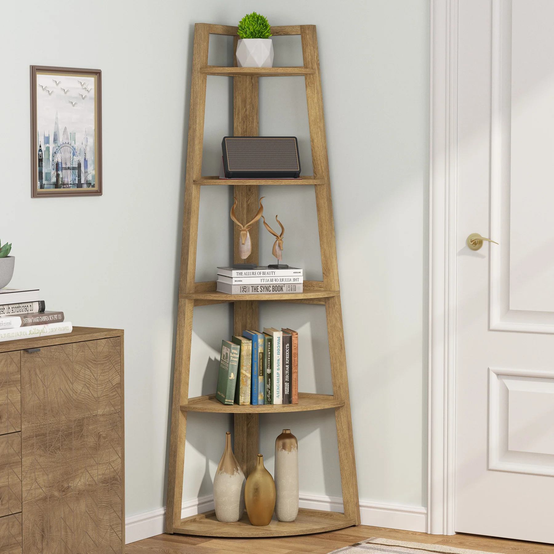 Tribesigns 70-Inch Tall Corner Shelf 5-Tier Bookcase, Industrial Corner Ladder Shelf for Small Spaces - Image 5