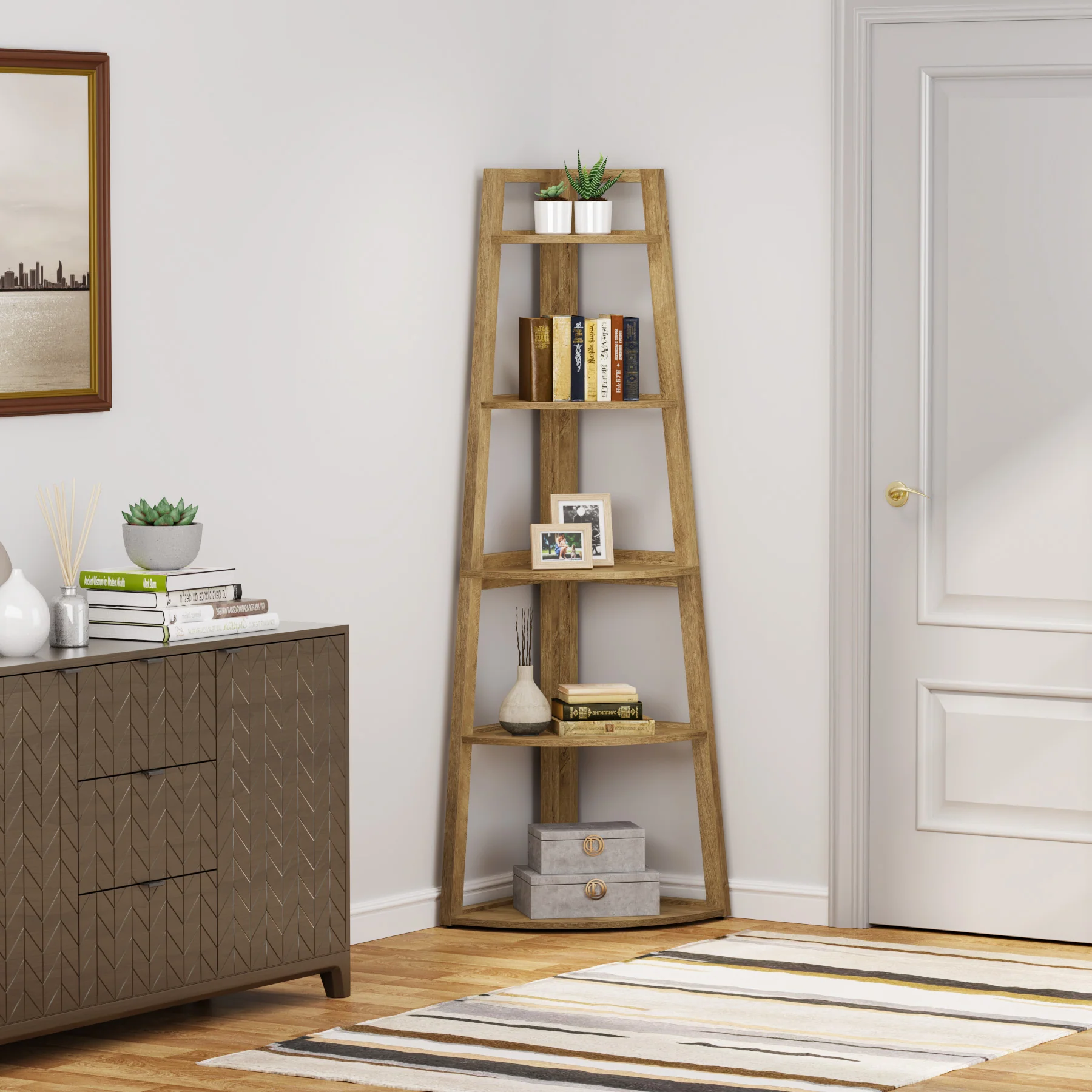 Tribesigns 70-Inch Tall Corner Shelf 5-Tier Bookcase, Industrial Corner Ladder Shelf for Small Spaces - Image 9