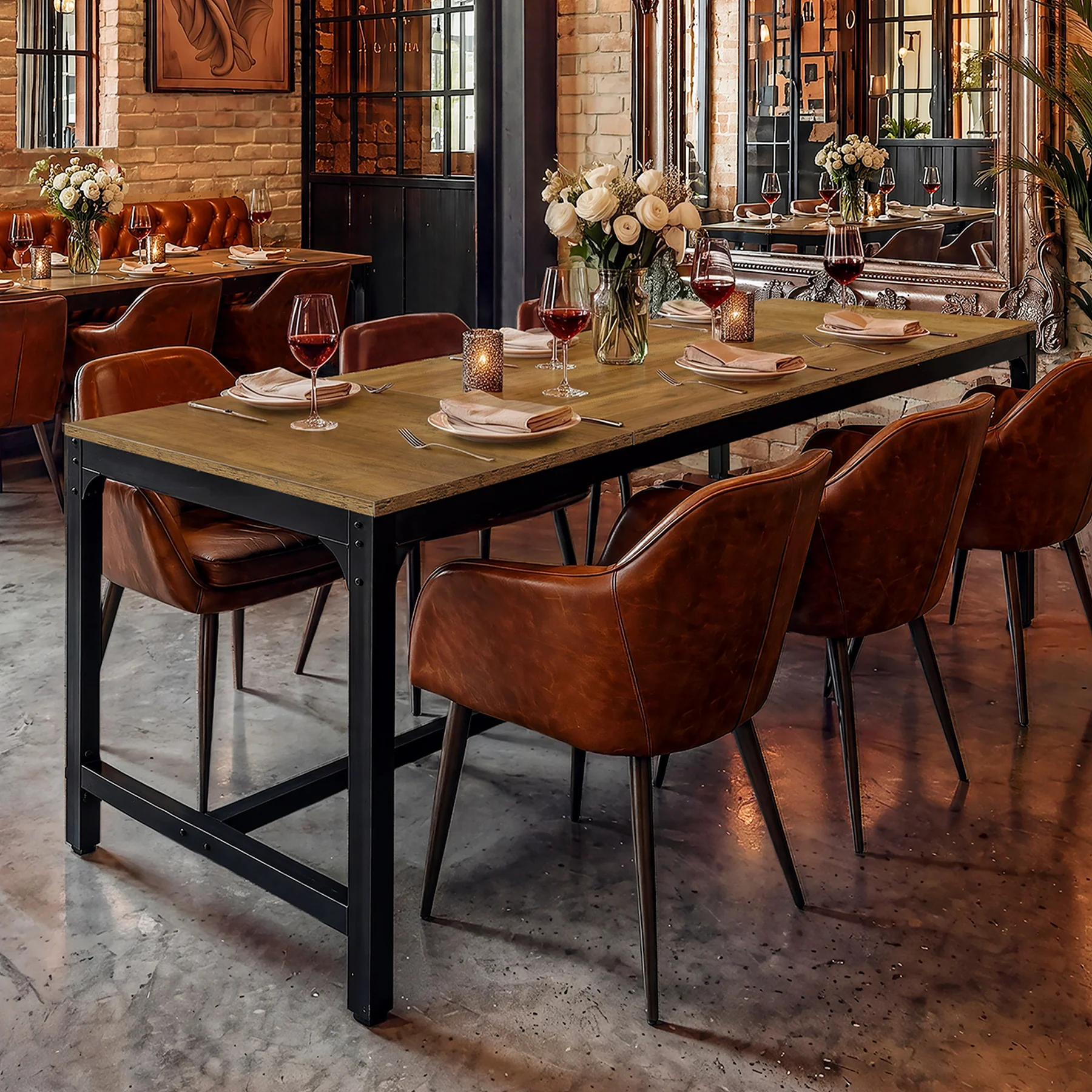 70.9 Inch Industrial Bar Table with Metal Footrest, Counter Height Pub Table for Dining Room and Home Bar - Image 11