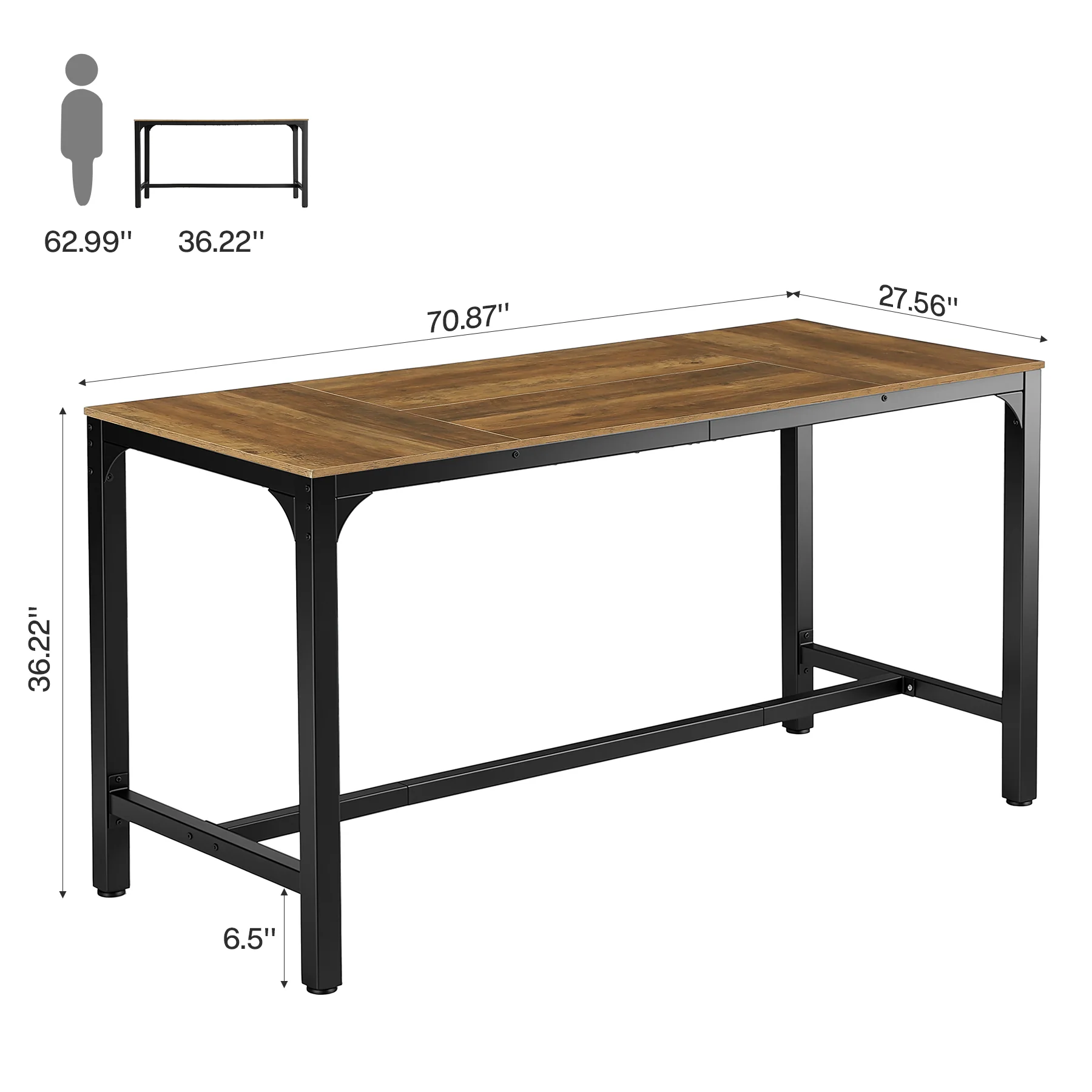 70.9 Inch Industrial Bar Table with Metal Footrest, Counter Height Pub Table for Dining Room and Home Bar - Image 2